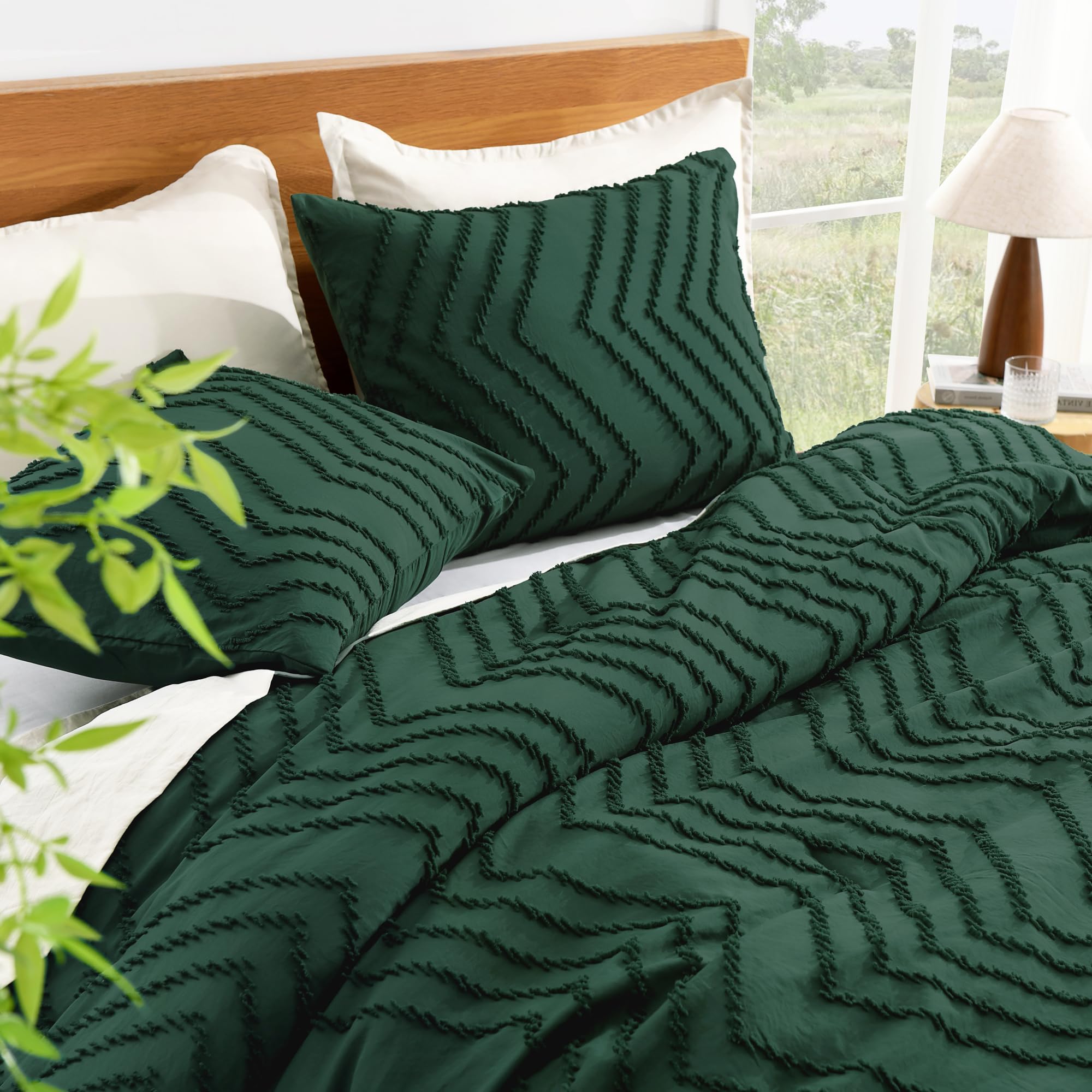 Litanika California King Comforter Set Dark Emerald Green, 3 Pieces Cal King Oversized Chevron Tufted Solid Forest Green Bedding