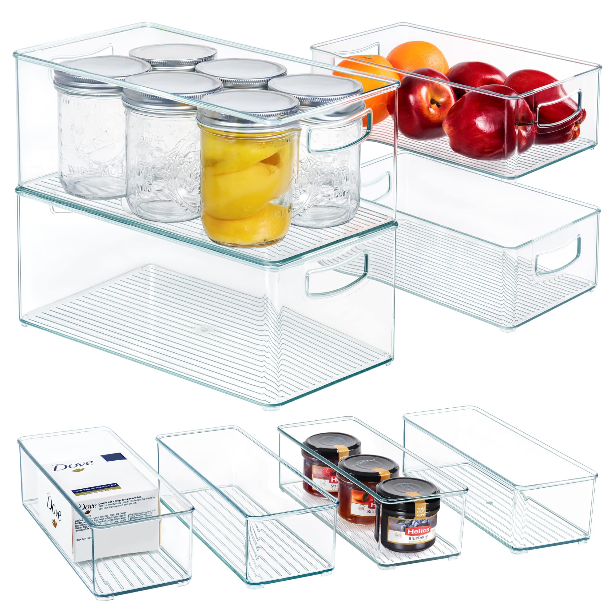 Hudgan 8 PACK Stackable Pantry Organizer Bins (3 sizes) - Clear Fridge Organizers for Kitchen, Freezer, Countertops, Cabinets - 