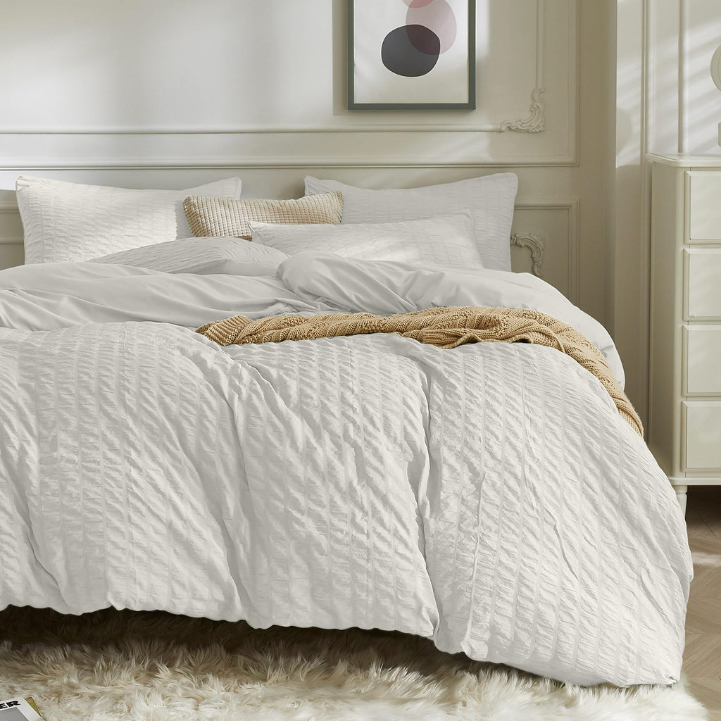 Jellymoni Beige Duvet Cover Queen Size, 3Pcs Washed Microfiber Bedding Set, Soft Breathable Seersucker Duvet Cover Set With Zipp