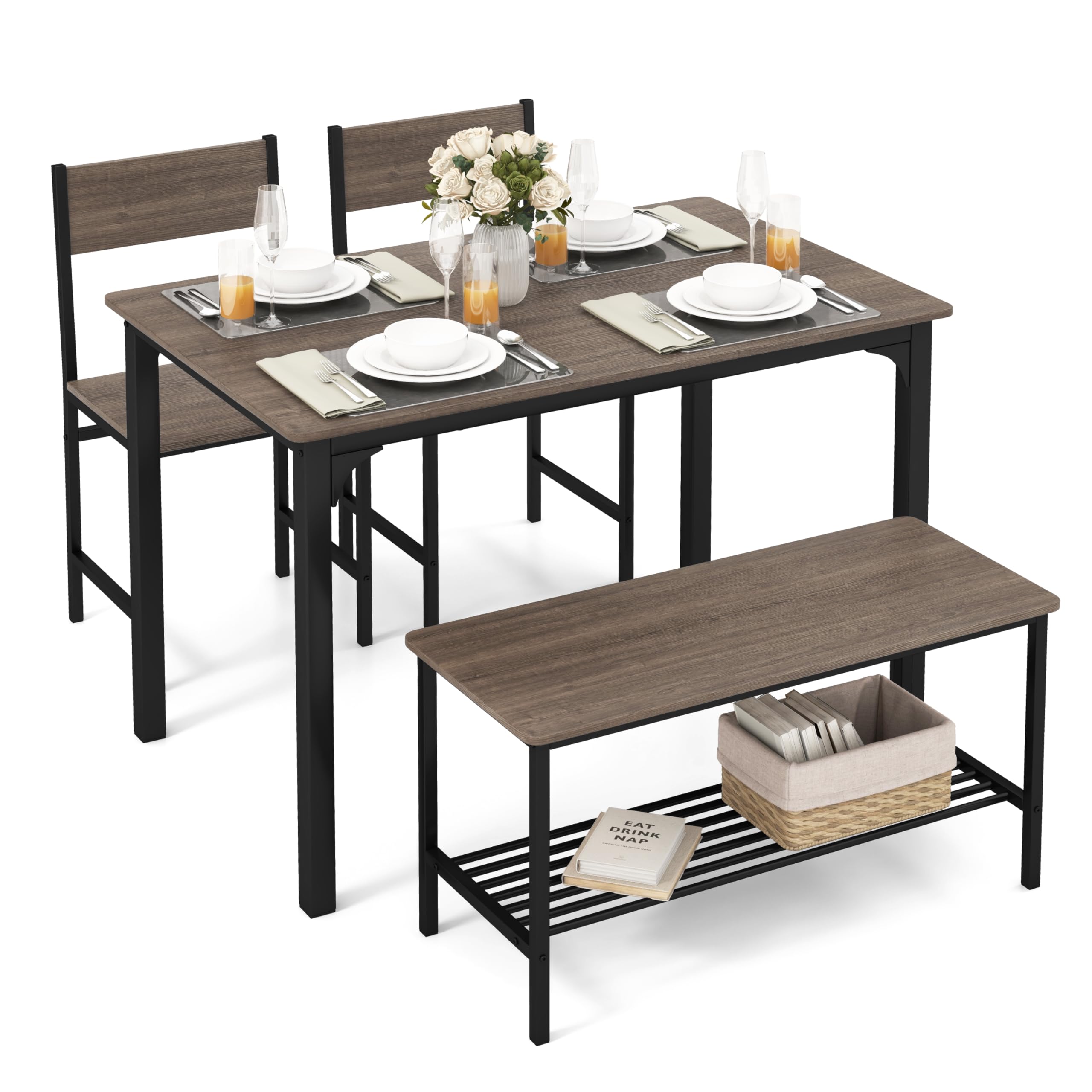 Tangkula Dining Table Set for 4, Kitchen Table and 2 Chairs for 4 with Bench, 4 Piece Dining Table Set for Small Space, Apartmen