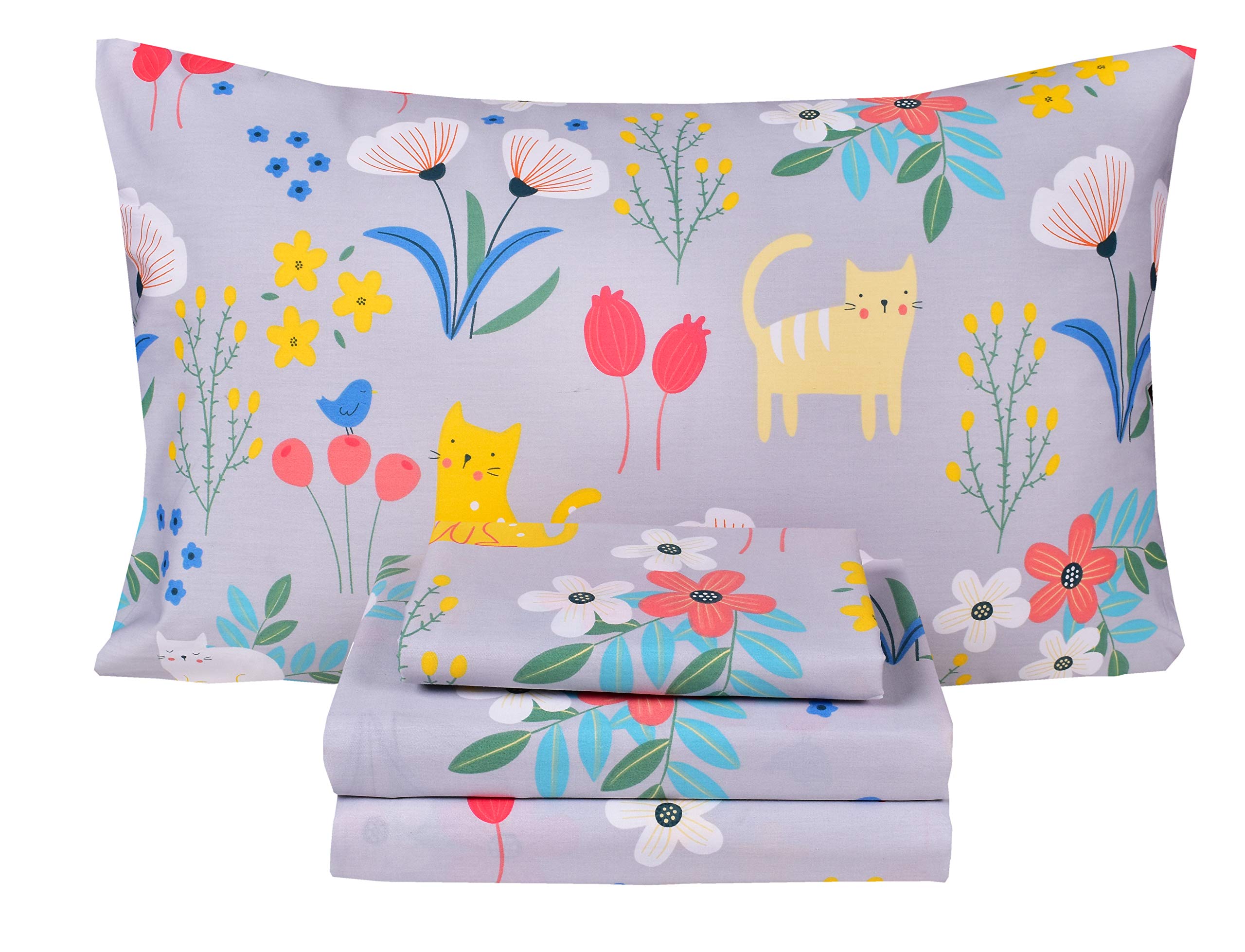 Scientific Sleep Kitty Cats Flowers Girls Kids Teen Girls 100% Cotton Twin Bed Sheet Set, Flat Sheet & Fitted Sheet & Pillowcase