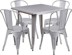 Commercial Grade 31.5 Square Silver Metal Indoor-Outdoor Table Set with 4 Stack Chairs