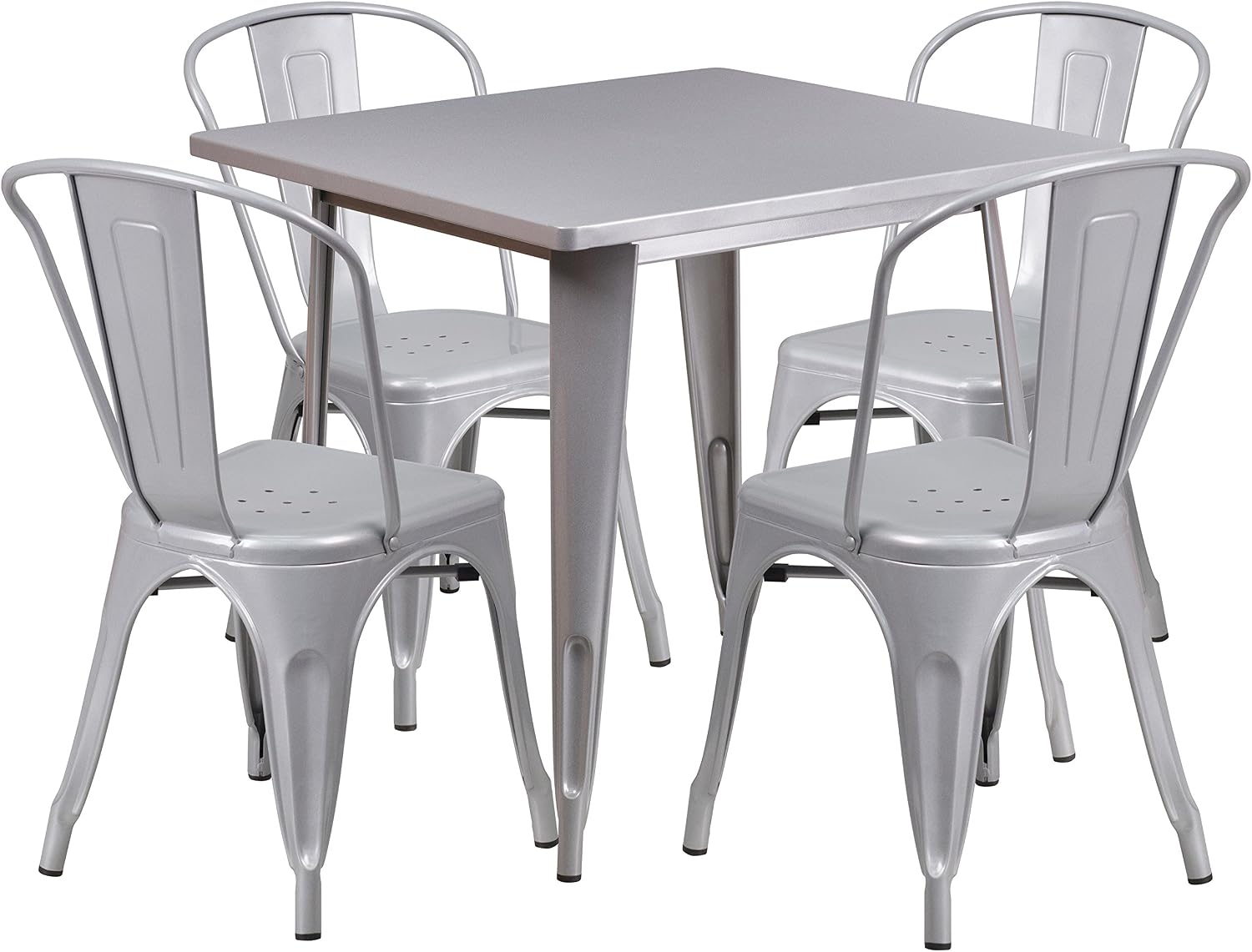 Commercial Grade 31.5 Square Silver Metal Indoor-Outdoor Table Set with 4 Stack Chairs