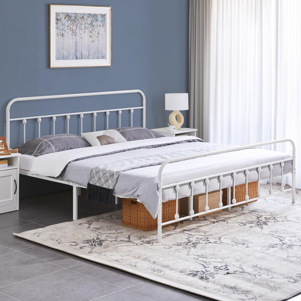 Yaheetech Classic Metal Platform Bed Frame Mattress Foundation With Victorian Style Iron-Art Headboard/Footboard/Under Bed Storage/No Box Spring Needed/King Size White