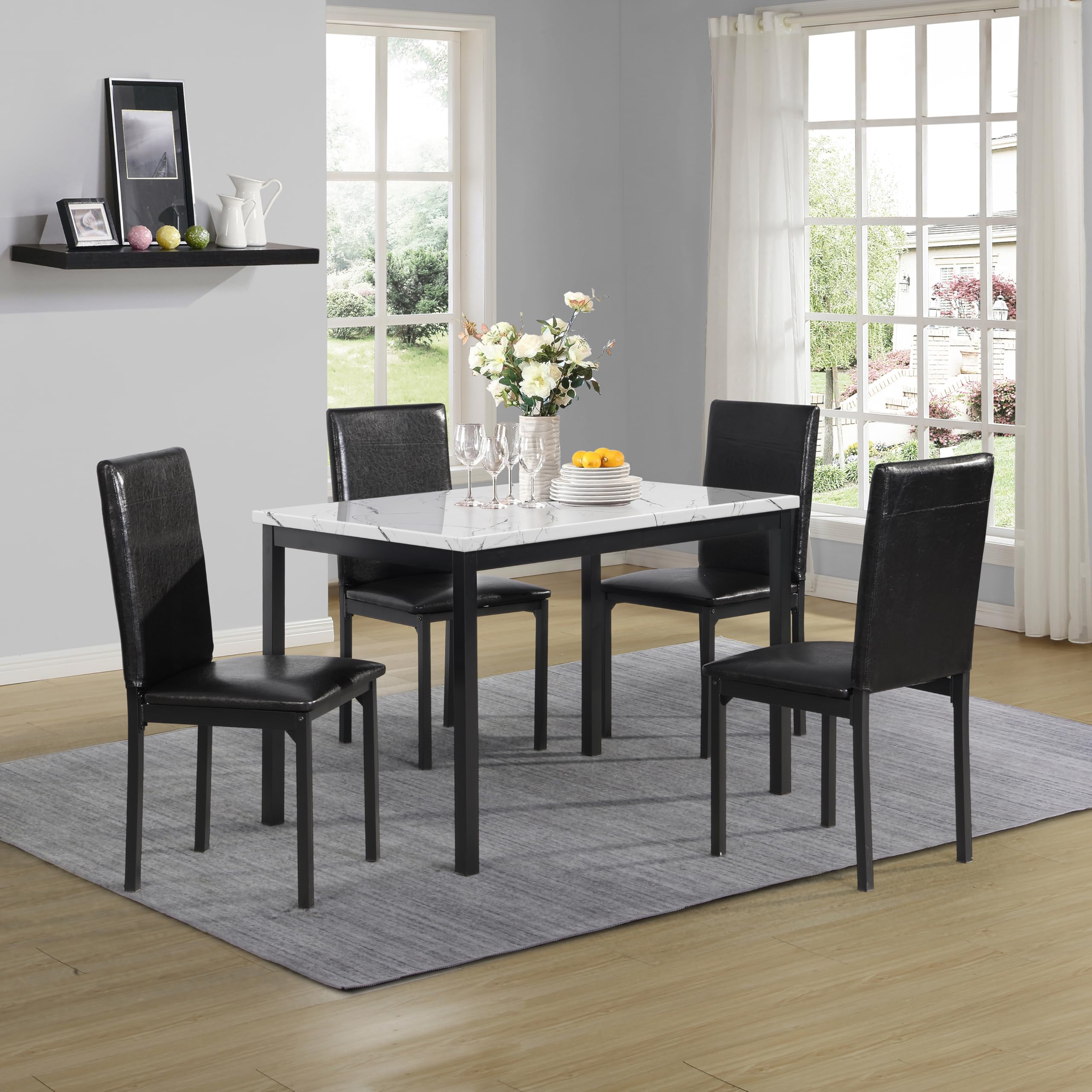 Roundhill Furniture 5 Piece Citico Metal Dinette Set with Laminated Faux Marble Top, White Table with Black Chairs