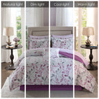 Madison Park Essentials Cozy Bed In A Bag Comforter With Complete Cotton Sheet Set - Trendy Floral Design All Season Cover, Decorative Pillow, King(104'X92'), Leaf Purple 9 Piece