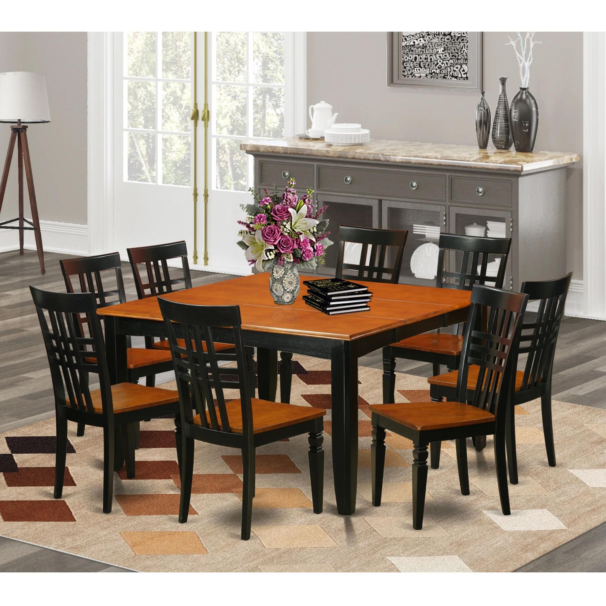 East West Furniture PFLG9-BCH-W 9 Piece Dining Set Includes a Square Dining Room Table with Butterfly Leaf and 8 Kitchen Chairs, 54x54 Inch, Black & Cherry