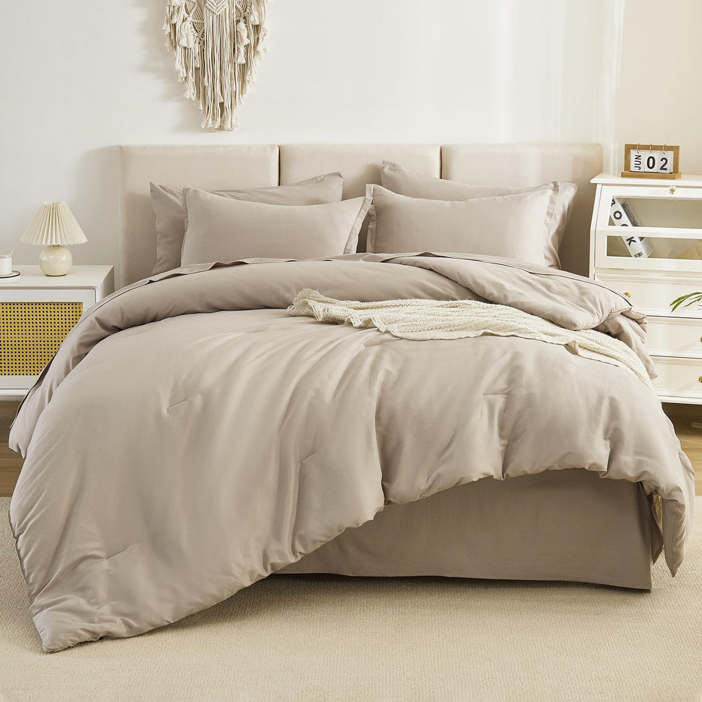 Litanika Comforter King Size Set Oatmeal - 7 Pieces Bed In A Bag King Beddding Comforter Sets, Plain Lightweight Bed Set With Co