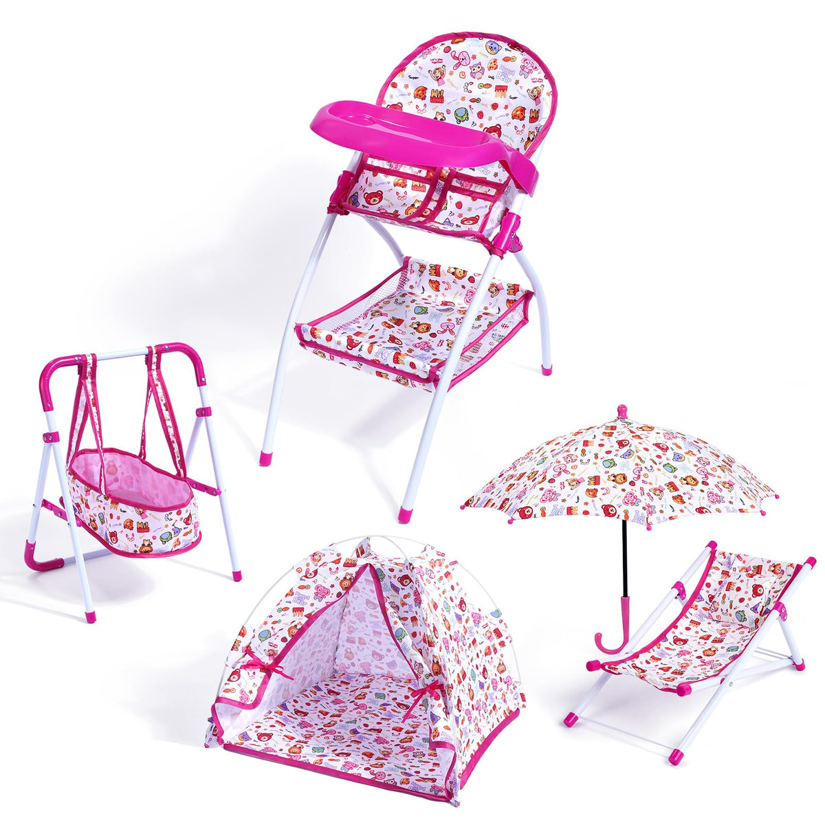 BABESIDE Baby Doll Furniture Set, Doll High Chair, Swing, Beach Chair with Umbrella & Tent, Pretend Play Doll Accessories for Gi
