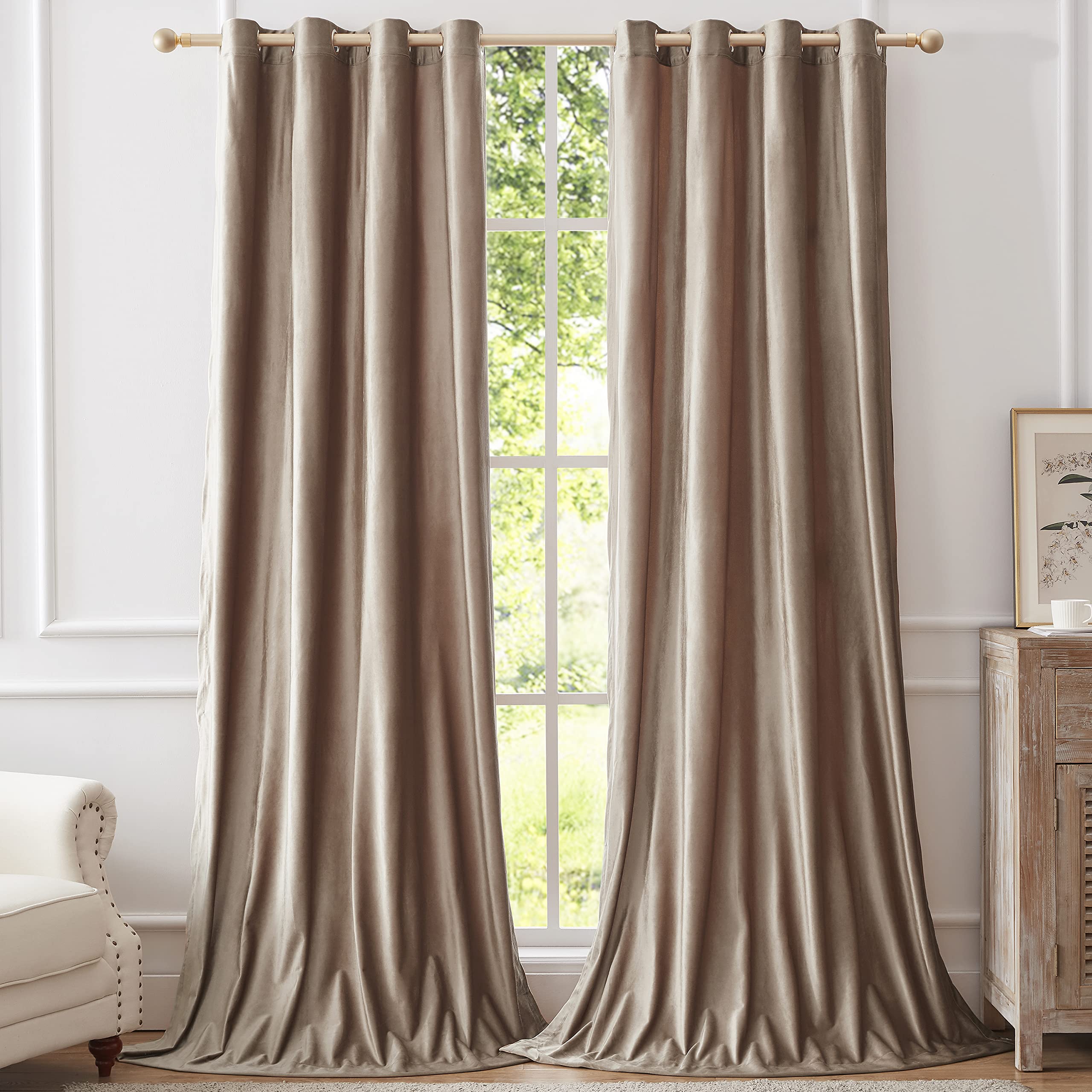 Bulbul Velvet Curtains 120 Inch Length- Living Room Taupe Blackout Window Drapes Curtains Thermal Insulated Room Darkening Decor