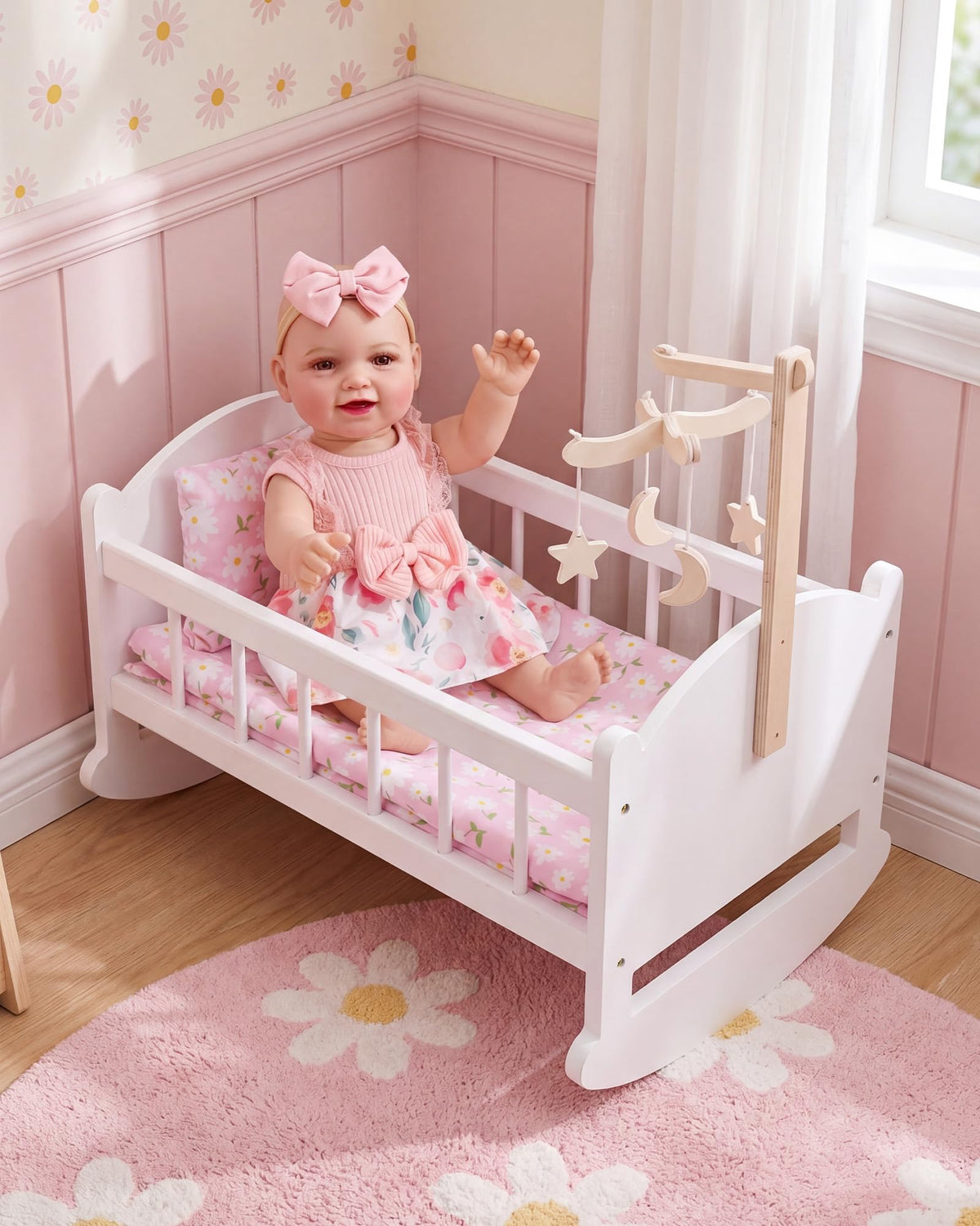 BABESIDE Baby Doll Crib for Dolls Up to 16 Inch, Wooden Rocking Doll Bed