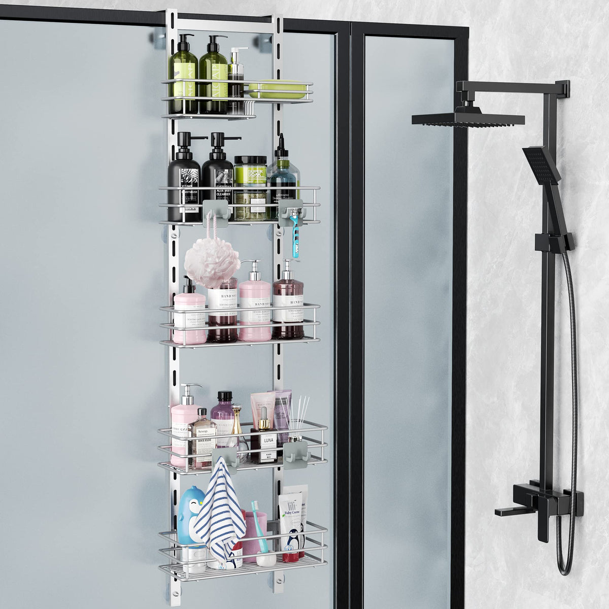 Orimade Over the Door Shower Caddy Adjustable 5 Tier Silver Grey,Bathroom Hanging Organizer Shelf Rustproof with 4 Hooks,Shower 