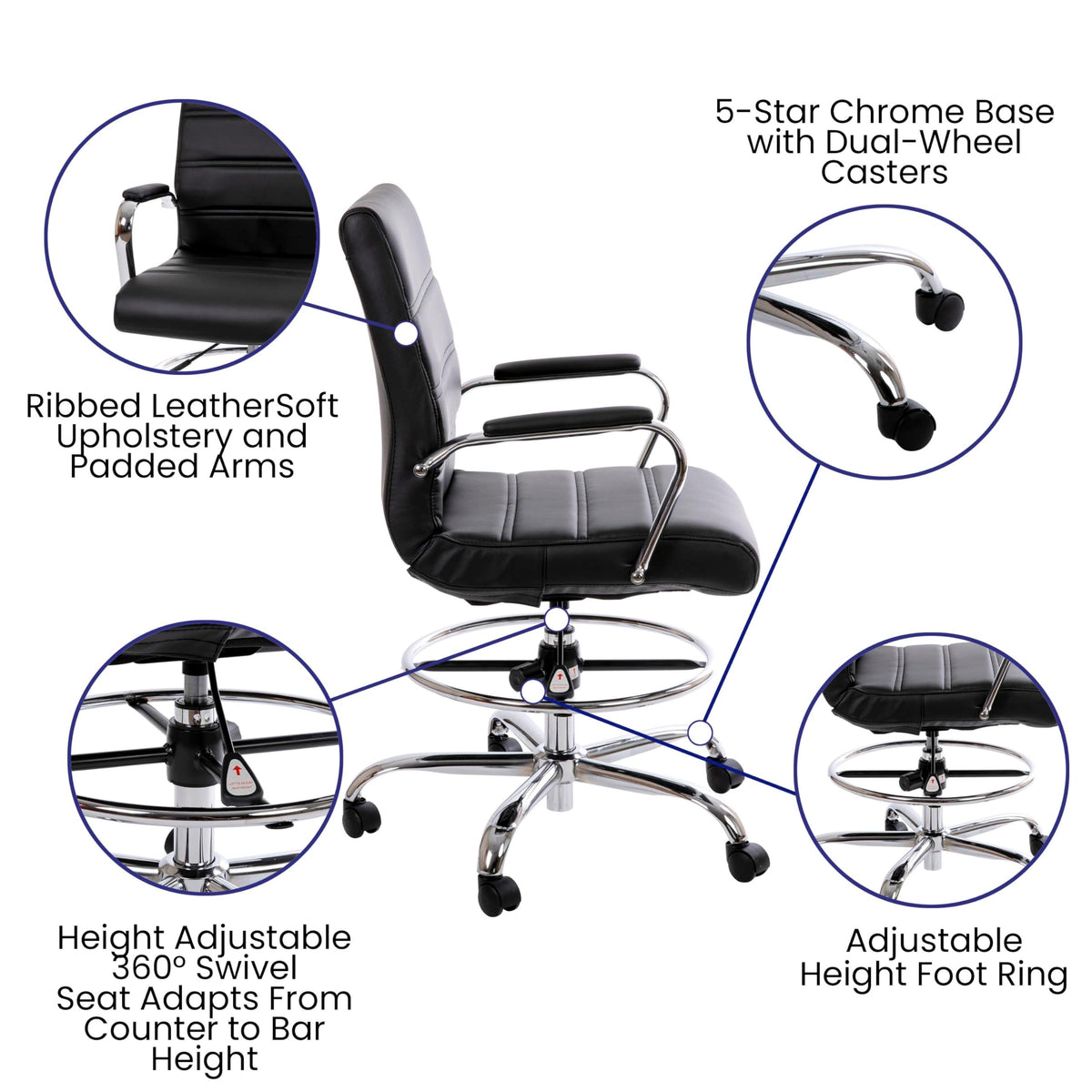 Flash Furniture Whitney Mid-Back Swivel LeatherSoft Drafting Chair with Padded Seat, Armrests, and Foot Ring, Adjustable Office Chair, Black/Chrome