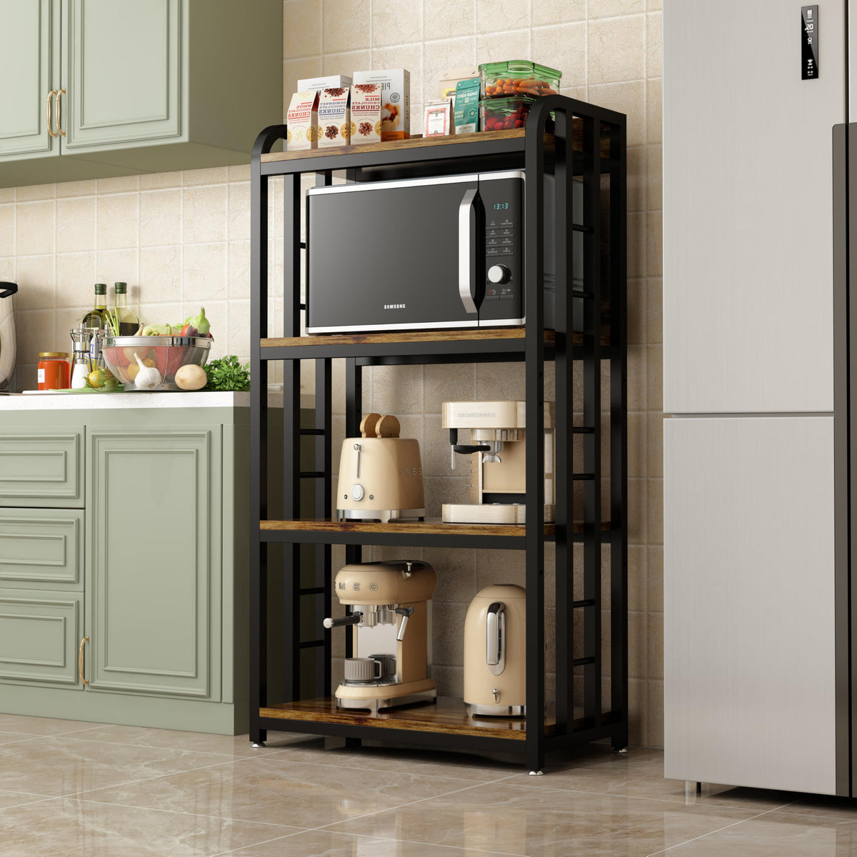 4Tier Kitchen Bakers Rack with Rolling Wheels, Microwave Oven Cart Stand, Adjustable Utility Shelving Storage Unit, Heavy Duty