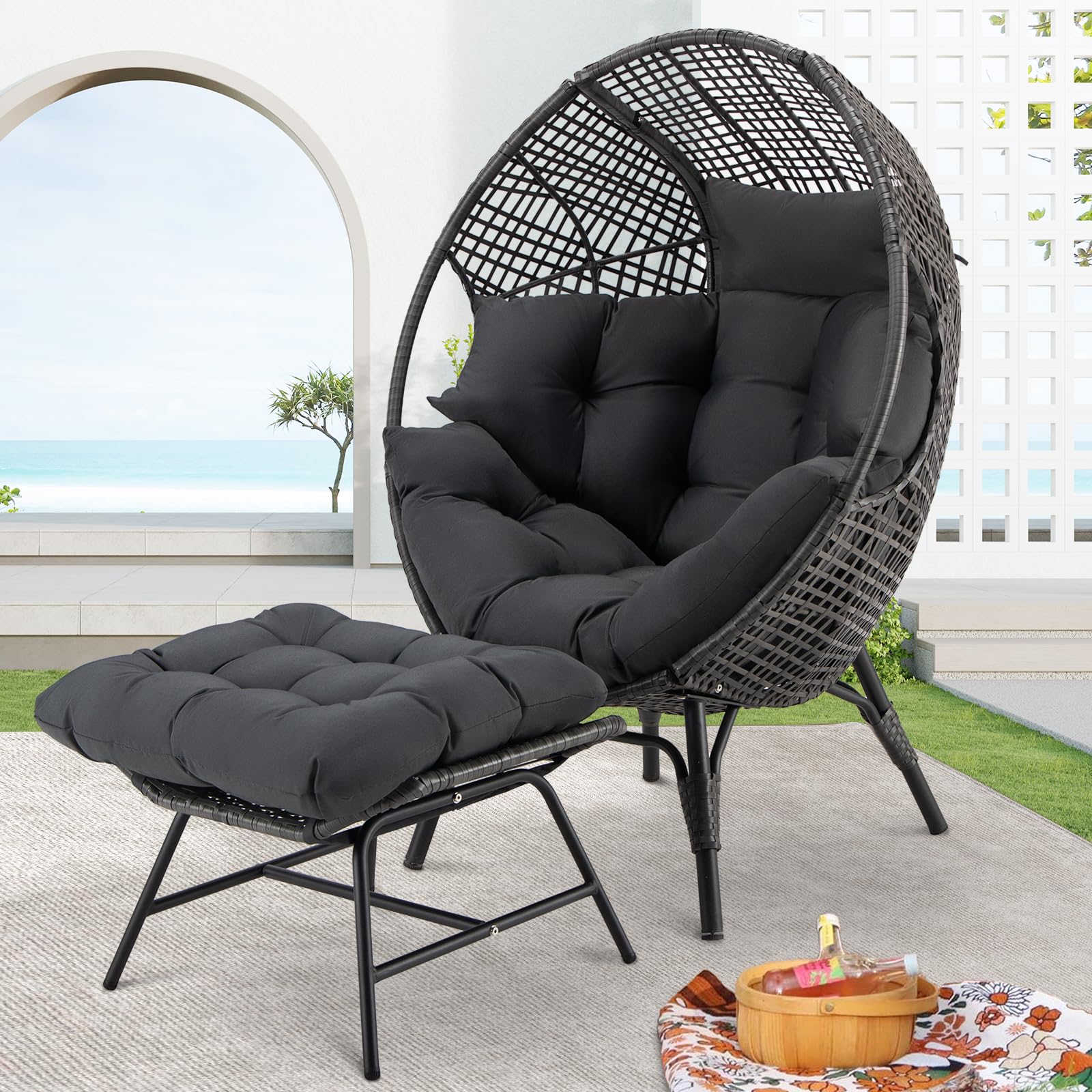 Nicesoul® Patio Egg Chair With Ottoman, Indoor Outdoor Half-Egg Lounge Chair, Cozy Oversized Round Circle Chair 440Lbs, Boho Rattan Egg-Shaped Papasan W/Cushion For Living Room, Exterior, Porch, Gray