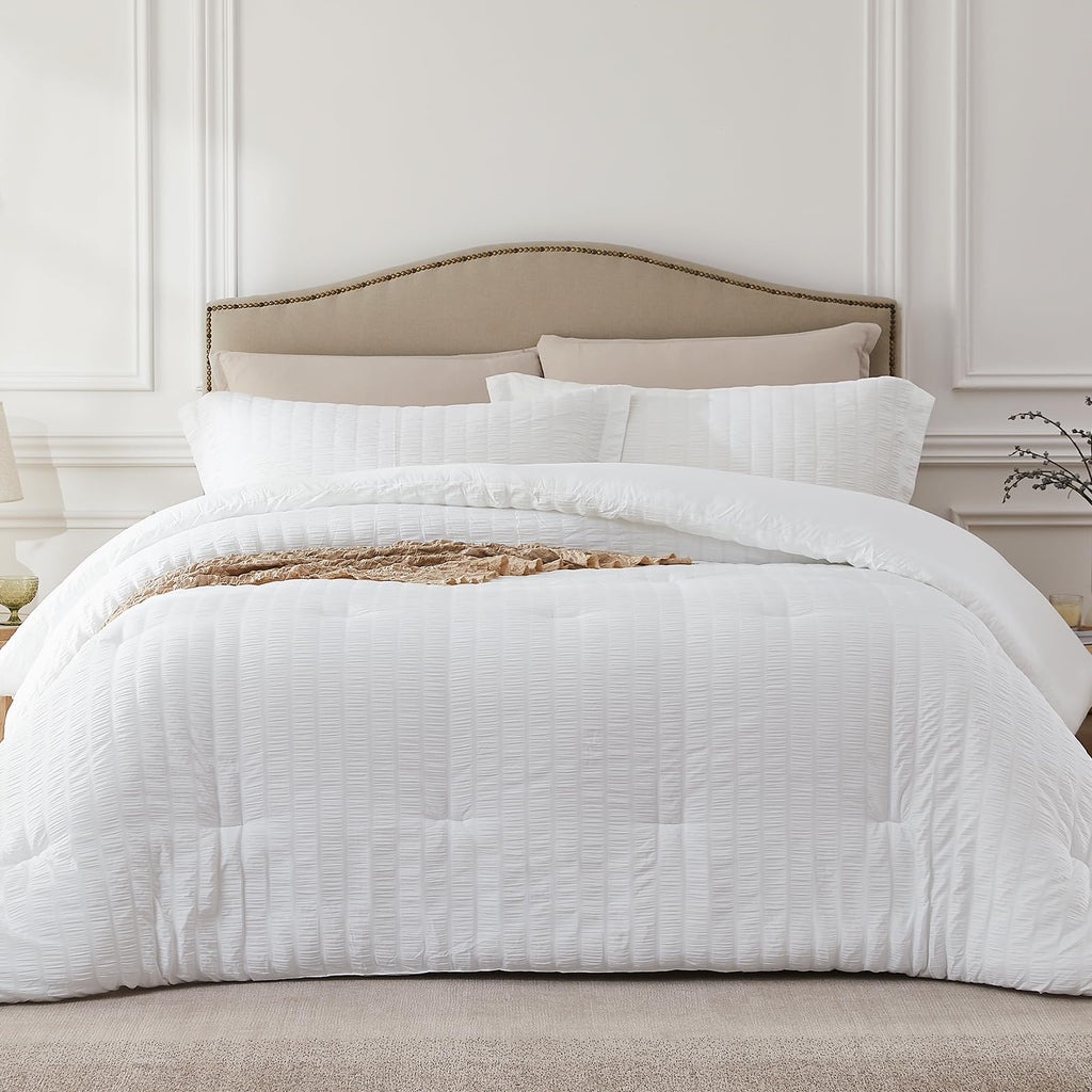 Quataly White Full Comforter Set - 3 Pieces Seersucker Lightweight Bedding Comforter Sets (1 Soft Fluffy Comforter & 2 Pillowcas