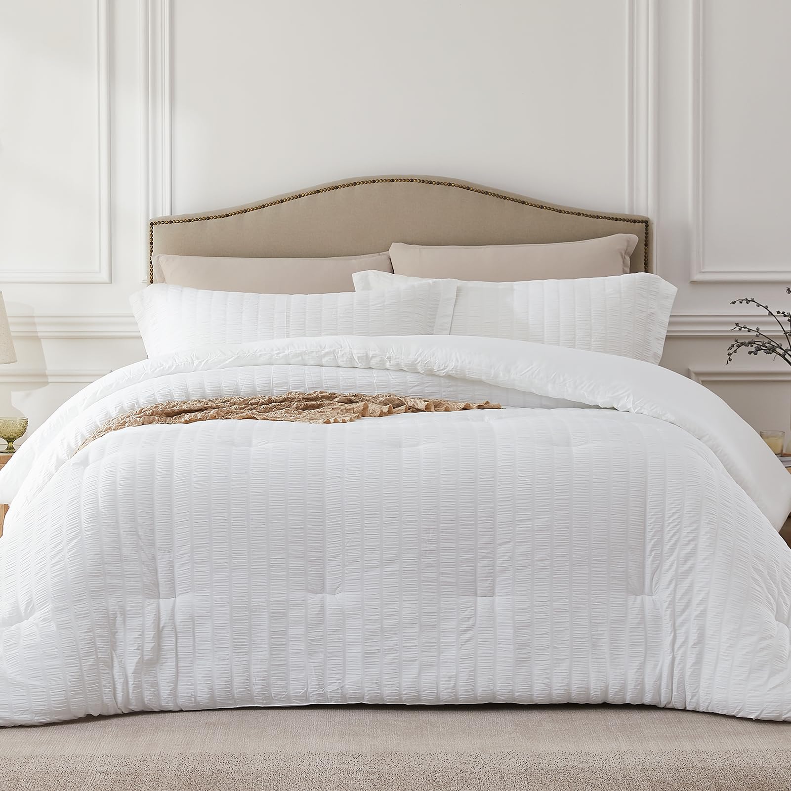 Quataly White Full Comforter Set - 3 Pieces Seersucker Lightweight Bedding Comforter Sets (1 Soft Fluffy Comforter & 2 Pillowcas