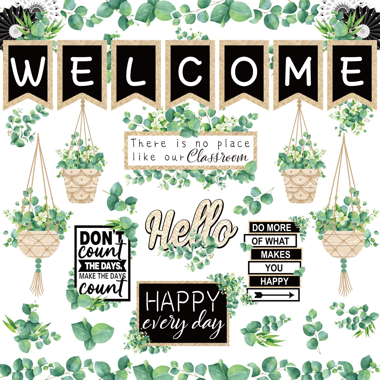 Whaline 29 Pieces Eucalyptus Bulletin Board Set Welcome Banner Simply Boho Bulletin Board Decor Boho Greenery Calendar Cutout De