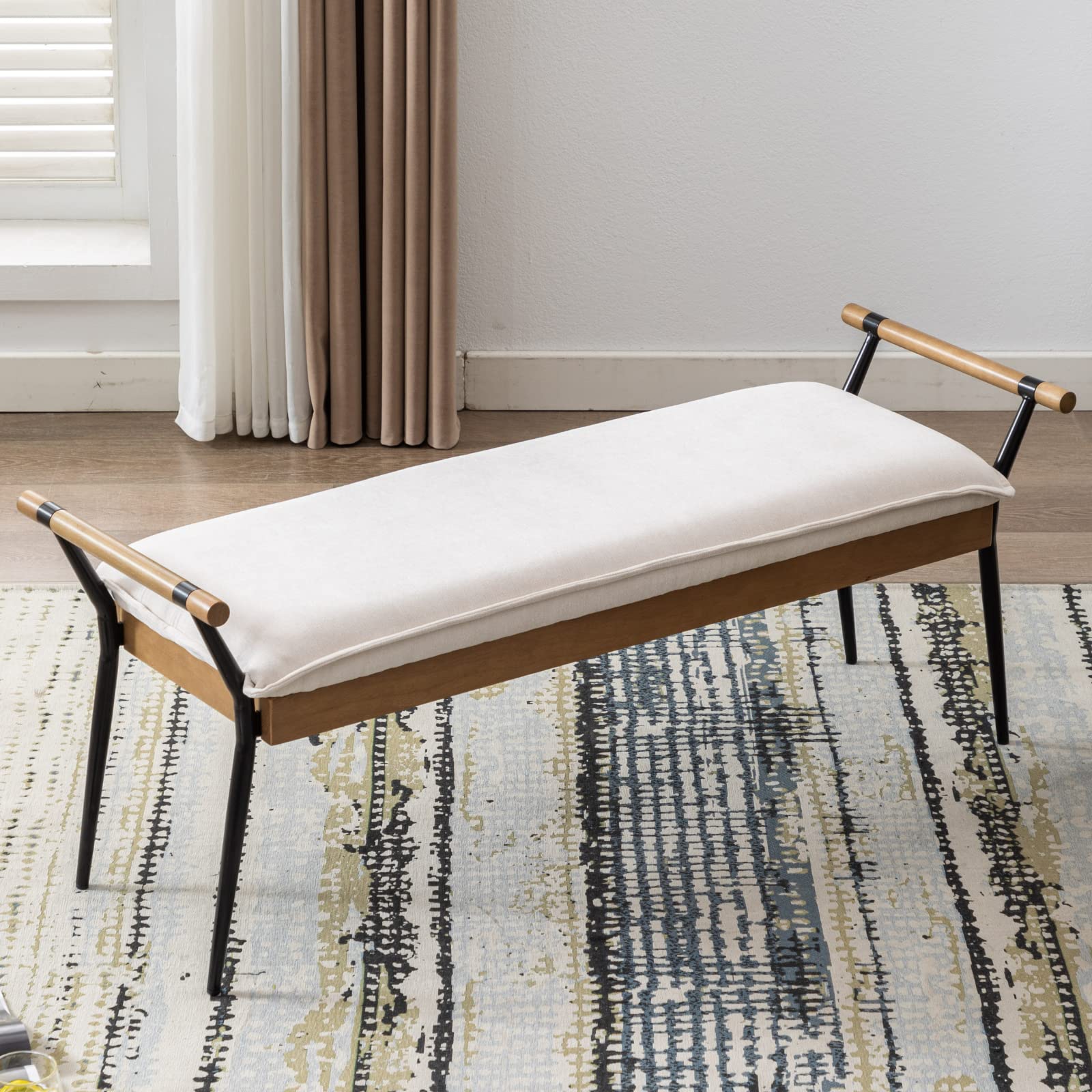 LukeAlon Modern Chenille Entryway Bench, Upholstered End of Bed Bench with Arms Classic Bedroom Ottoman Bench with Metal Legs El
