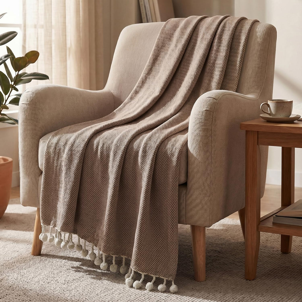 HOKIPO Caramel Clay Knitted Cotton Sofa Throw 50x60 Inches with Decorative Pom Pom Tassels for Elegant Living Room Sofa Bed, Cha