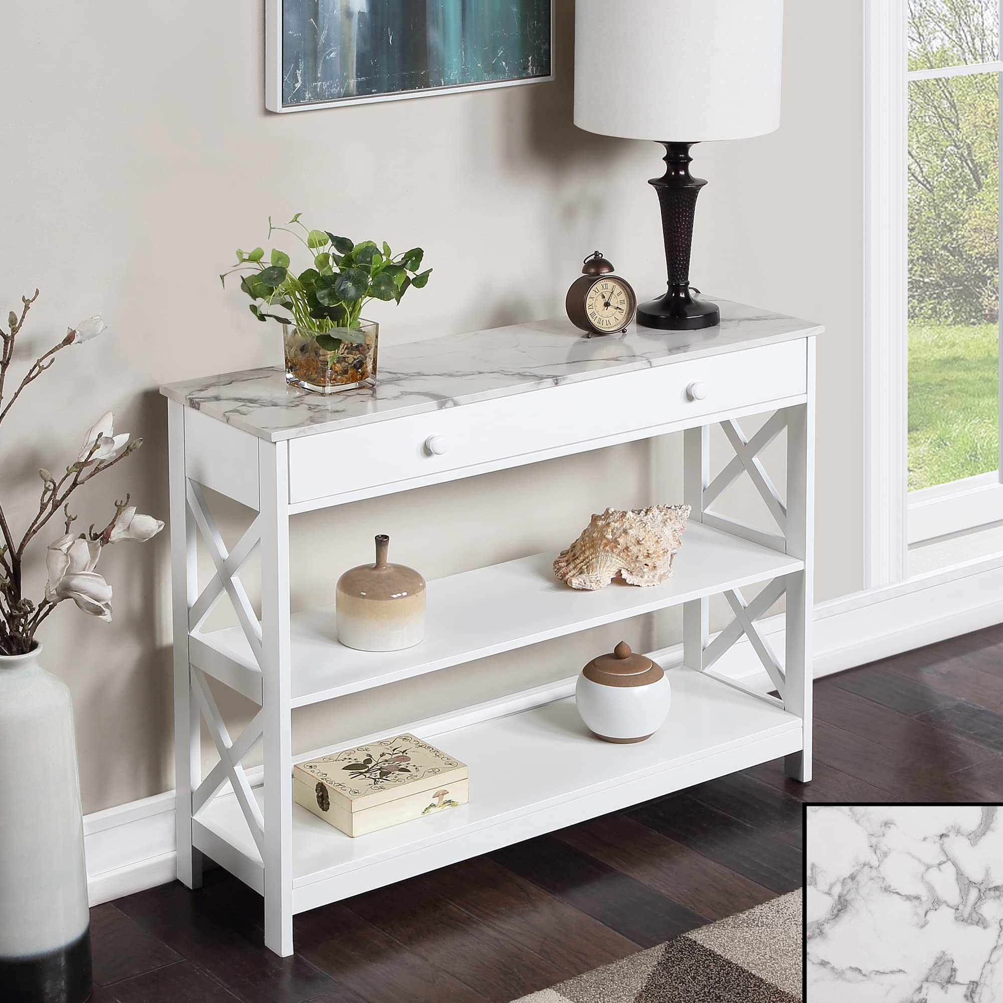 Convenience Concepts Oxford 1 Drawer Console Table With Shelves, White Faux Marble/White