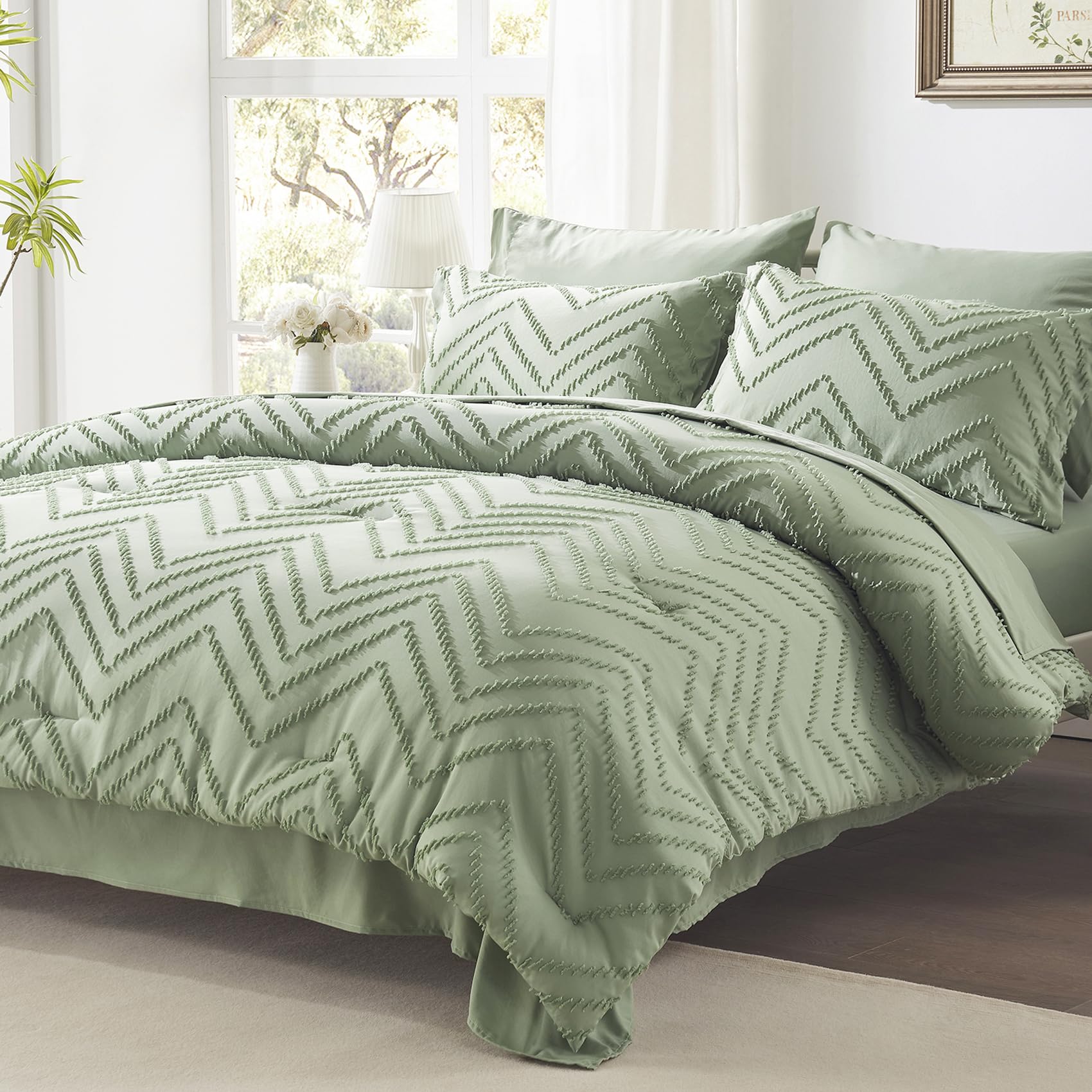 Anluoer Full Comforter Set, Sage Green, 7 Pieces With Sheets, All Season Bedding, Extra Cozy Down Alternative, Machine Washable