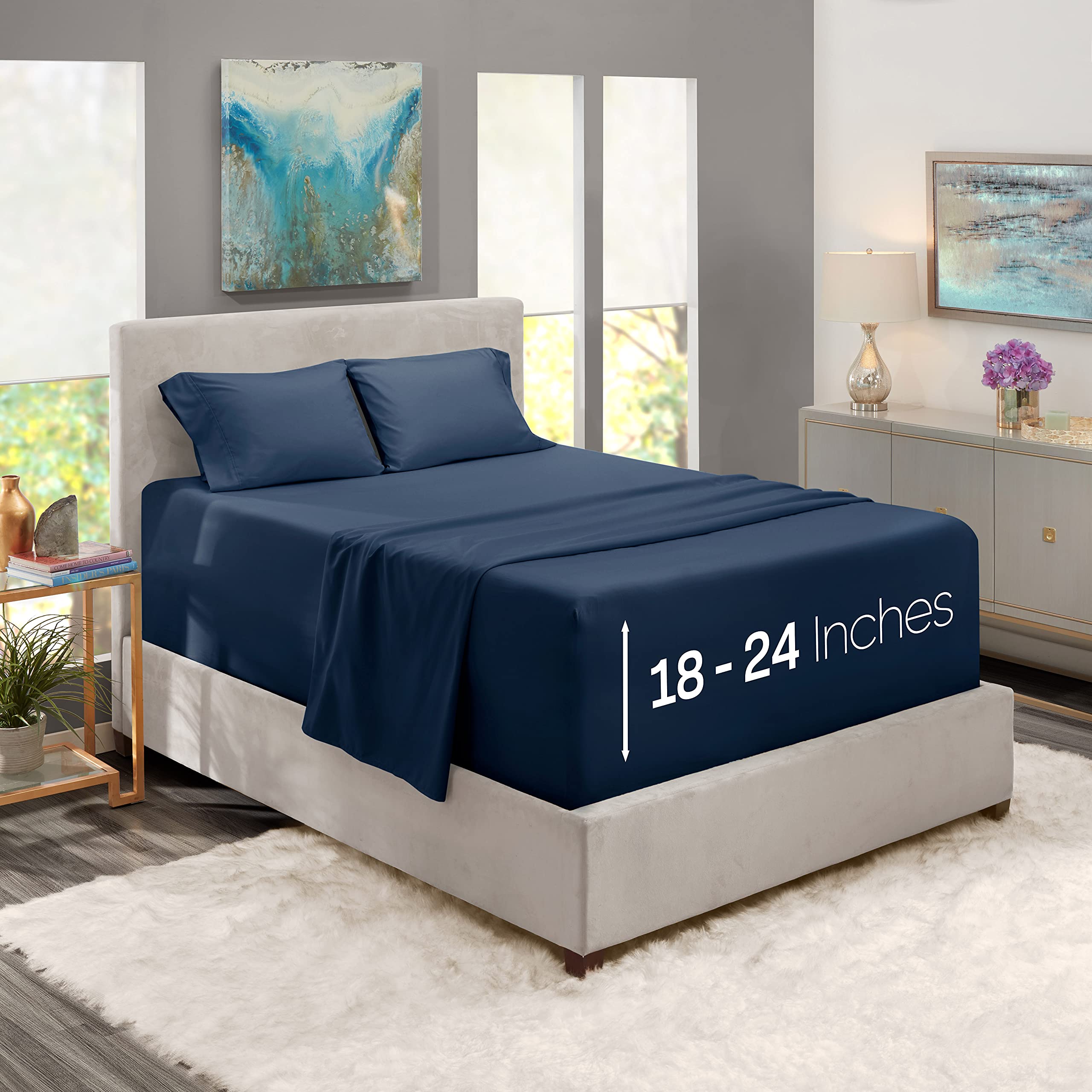 Nestl Extra Deep Pocket Sheets - Fits Mattress 18-24 Inches Deep, Extra Deep Pocket King Size Sheets Sets, 4 Piece King Size Sheets, King Sheets Deep Pocket, Navy Blue Sheets