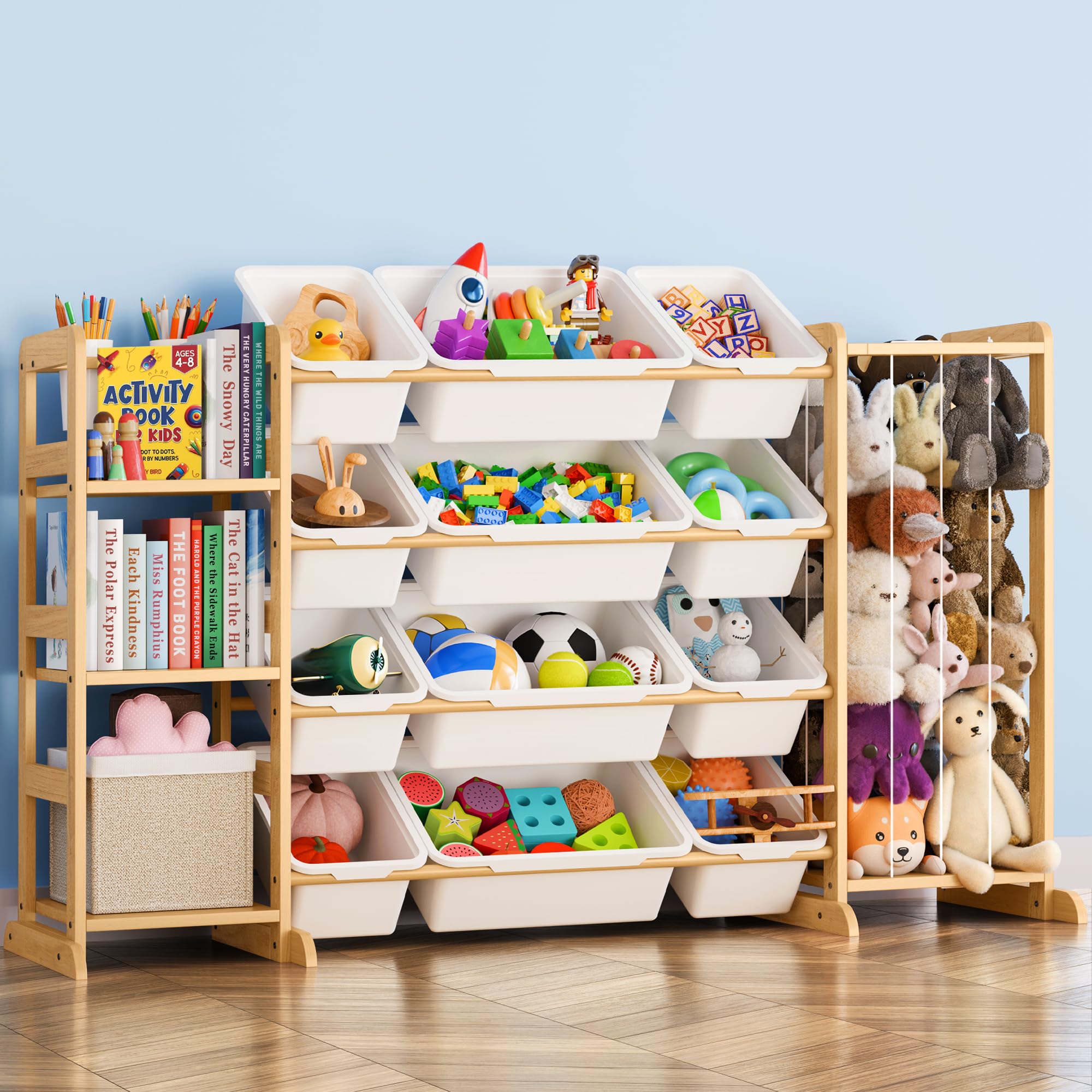 Toy Storage Organizer with Bookshelf and Stuffed Animal Storage - Kids Playroom Organization with Shelves and 12 Toy Bins - Todd