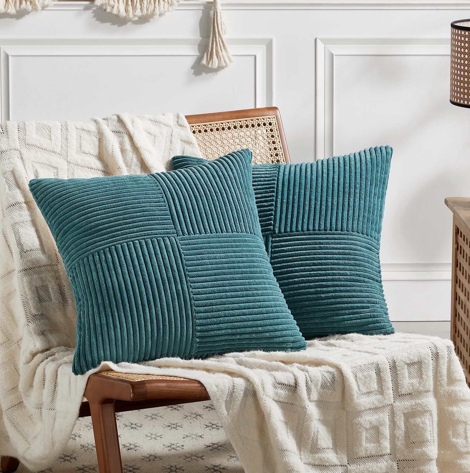 Fancy Homi 2 Packs Teal Decorative Throw Pillow Covers 16X16 Inch For Living Room Couch Bed Sofa, Rustic Farmhouse Boho Home Dec