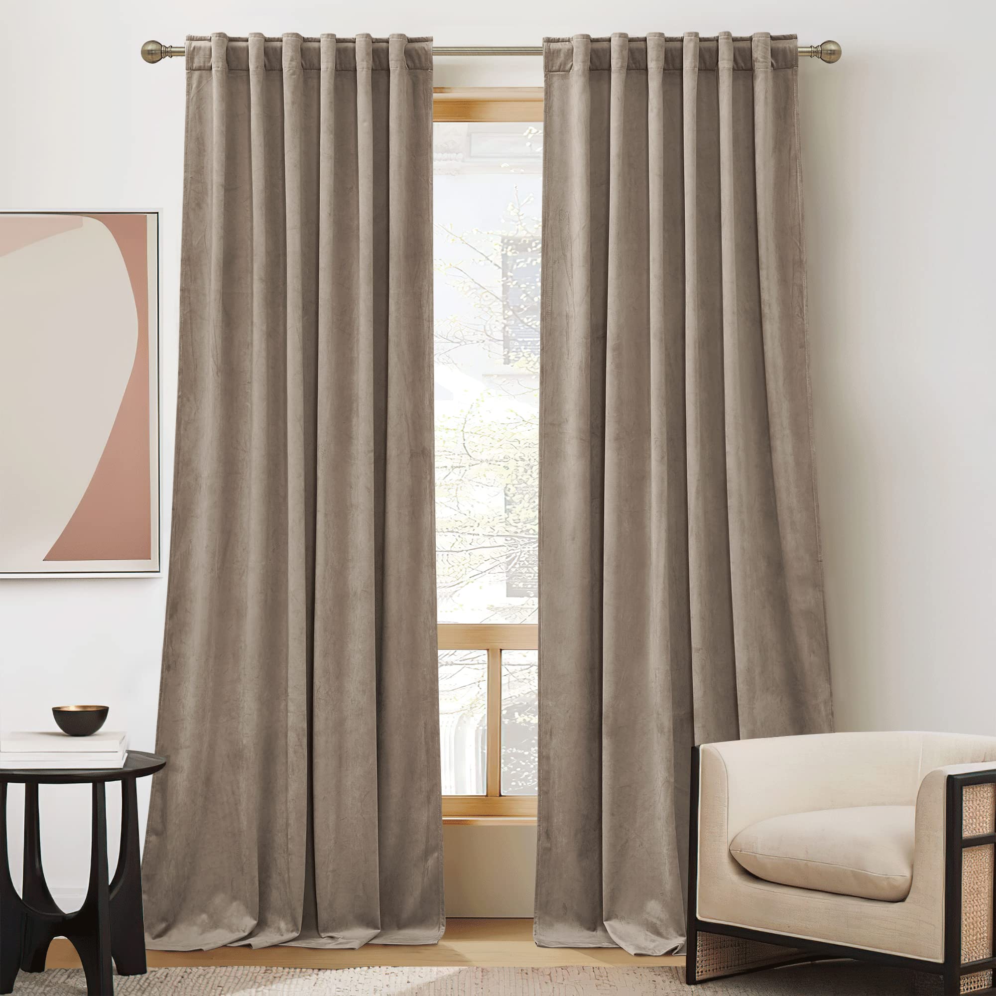 Ryb Home Taupe Bedroom Curtains Heavy Velvet 84 Inches, Room Darkening Privacy Window Curtains Soft Durable Velvet Backdrops For Sliding Door Living Room Guest Room, W52 X L84, 2 Panels Set