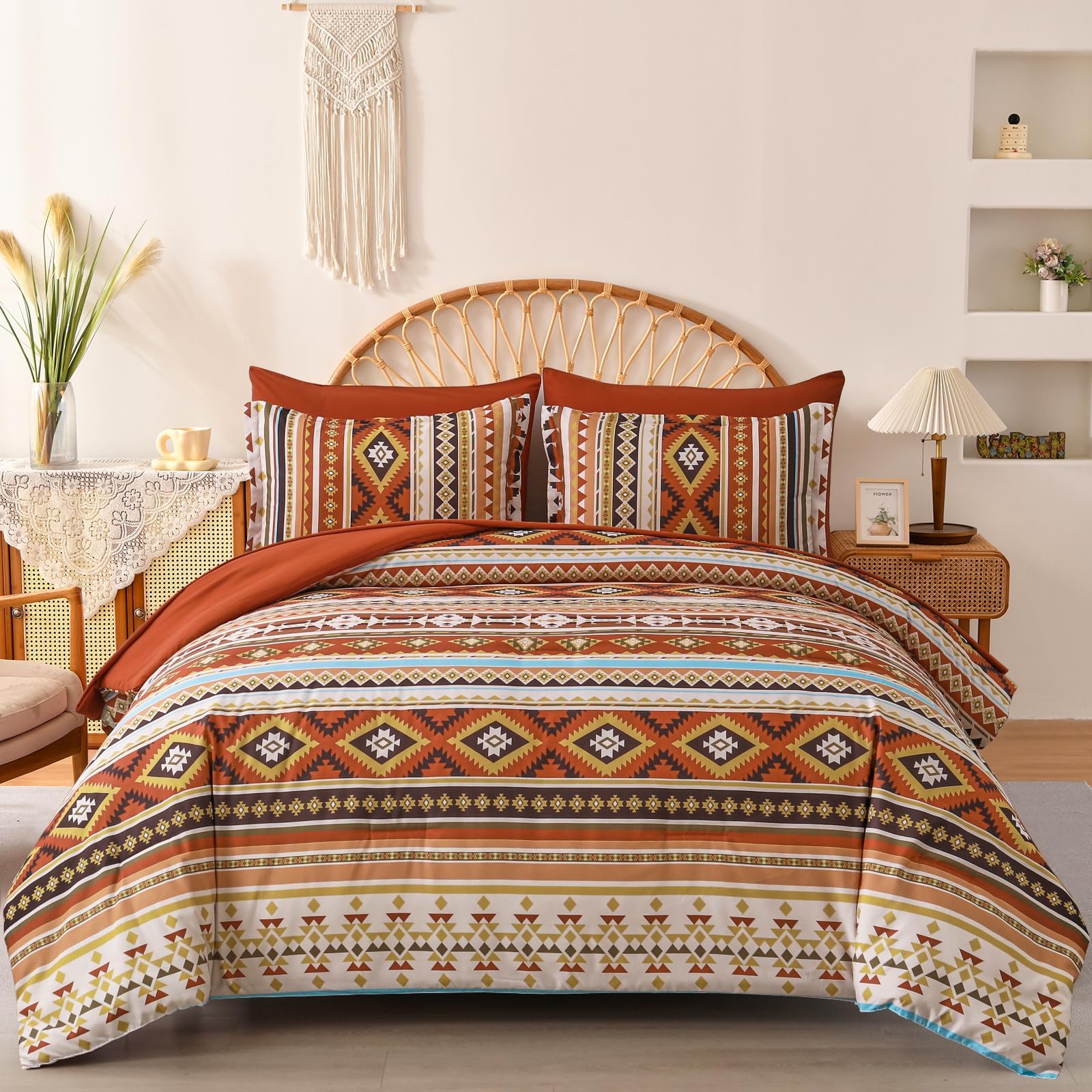 California King Comforter Set Size, Burnt Orange Striped Cali King Bed Set Bedding Sets Terracotta 7 Pieces Boho Bed In A Bag Wi