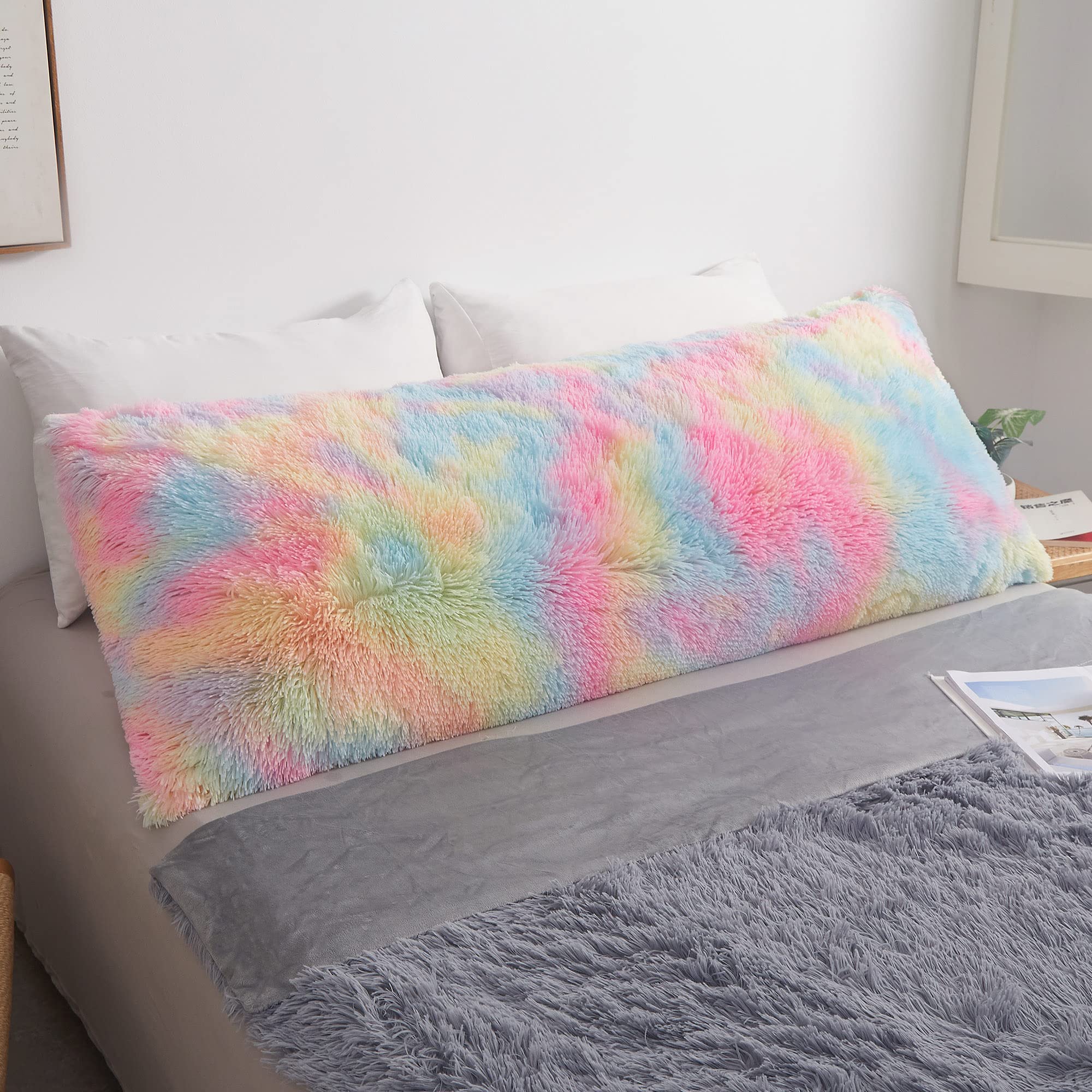 MEGO Rainbow Print Fluffy Body Pillow Cover, 20x54 Shaggy Faux Fur Body Pillow Case, Tie Dye Soft Plush Fuzzy Body Pillowcase, F