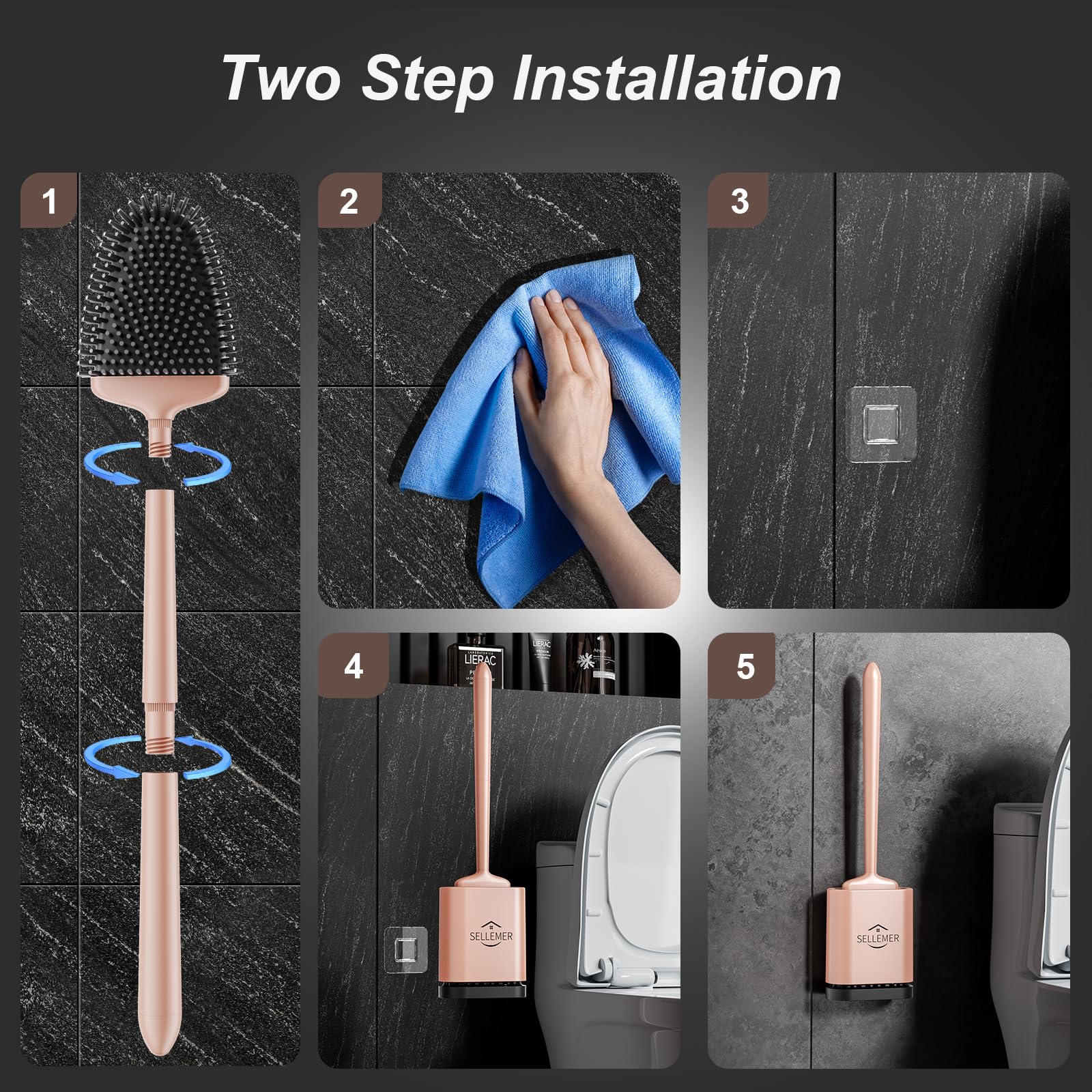 Sellemer Toilet Brush And Holder Set - Flexible Toilet Bowl Brush Head With Silicone Bristles, Compact Size For Storage And Orga