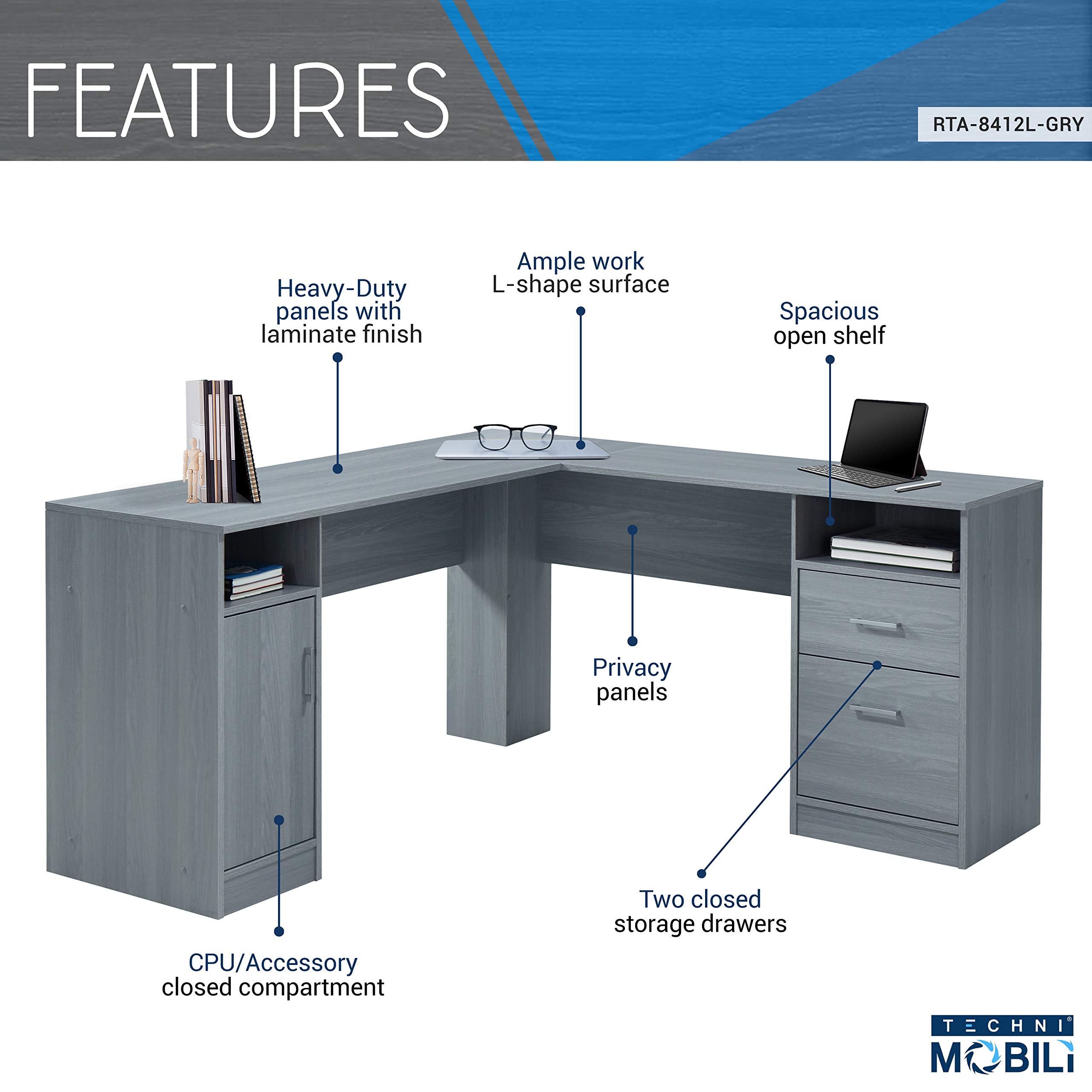 Techni Mobili Functional L-Shaped Computer Desk With Storage, L Is ?59.5" Wide X 59.5" Long, Grey