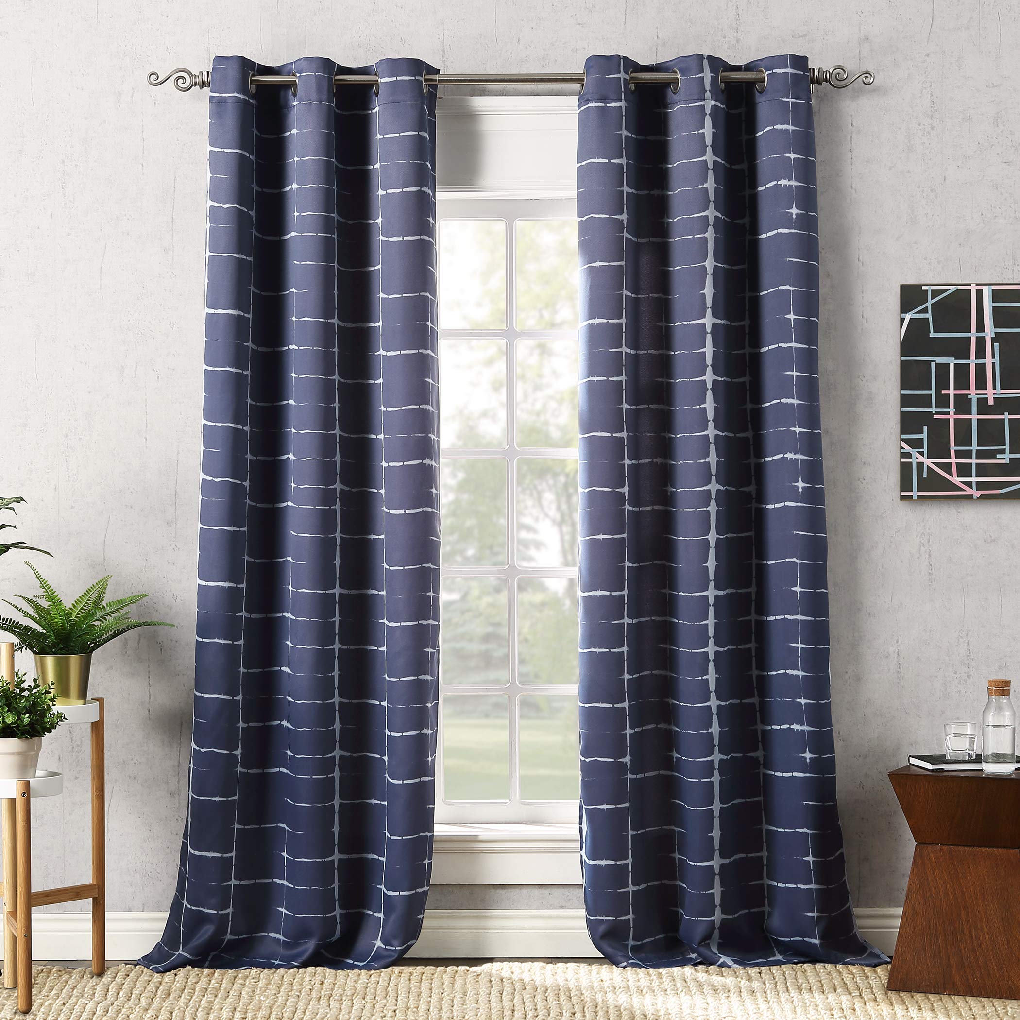Sun Zero Saki Shibori Print Blackout Grommet Curtain Panel, 40 x 84, Navy Blue