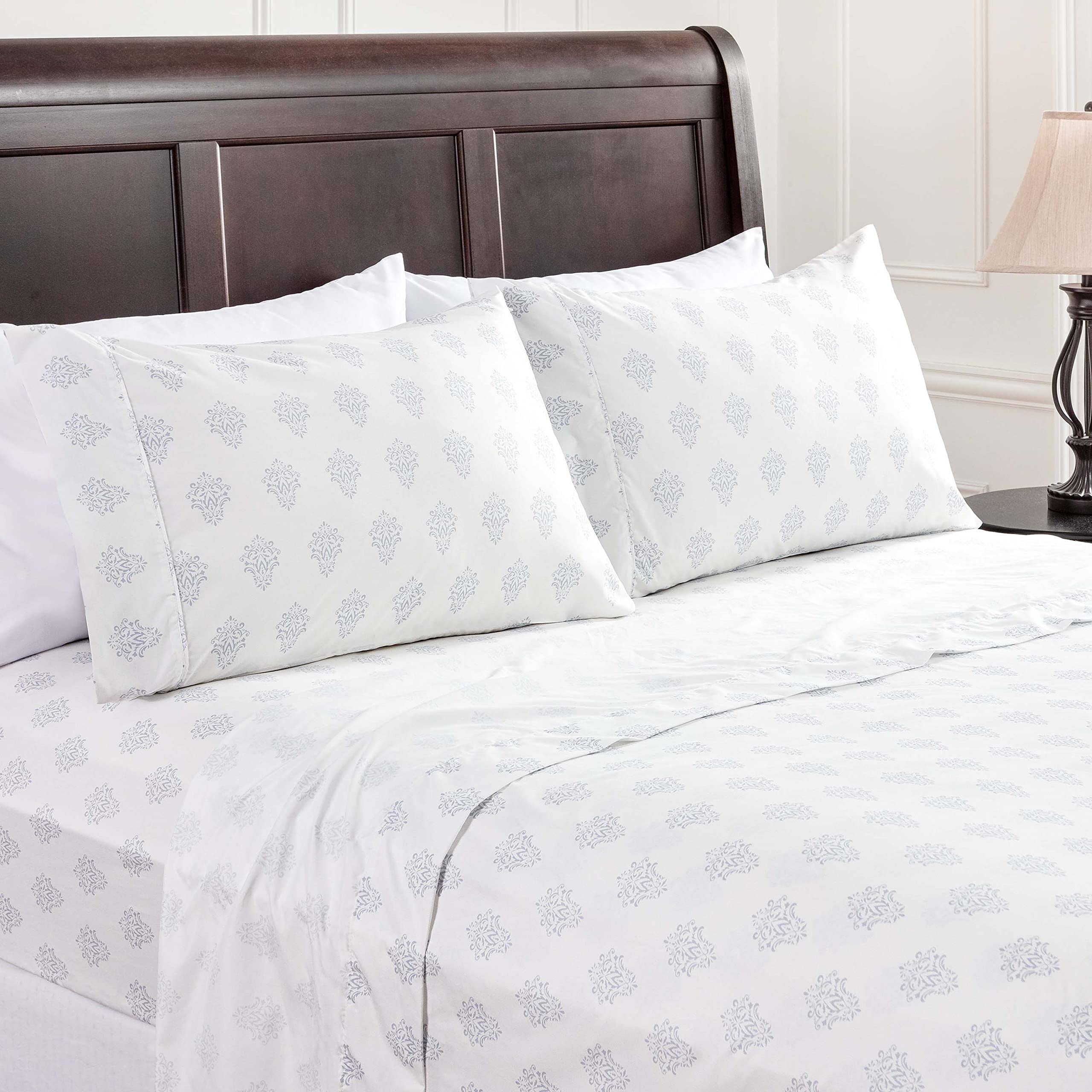 Chanasya Premium Small Damask Printed Victorian Patterned Queen Bed Sheet Set 4-Piece - 1 Flat 1 Fitted Sheet 2 Pillowcases - Ul