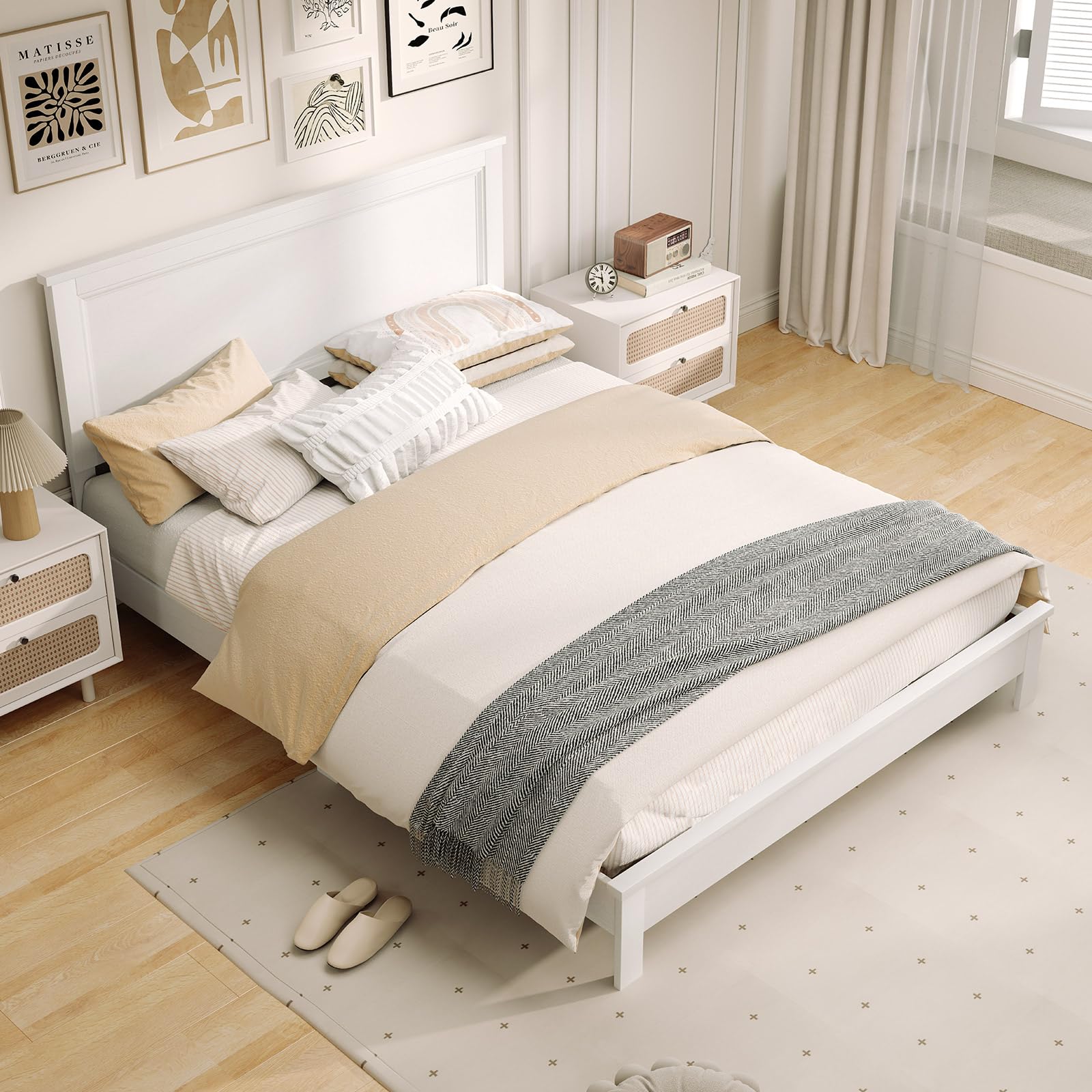KOMFOTT Queen Size Wood Platform Bed Frame with Headboard, Wooden Mid Century Platform Bed with Slat Support & Under Bed Storage
