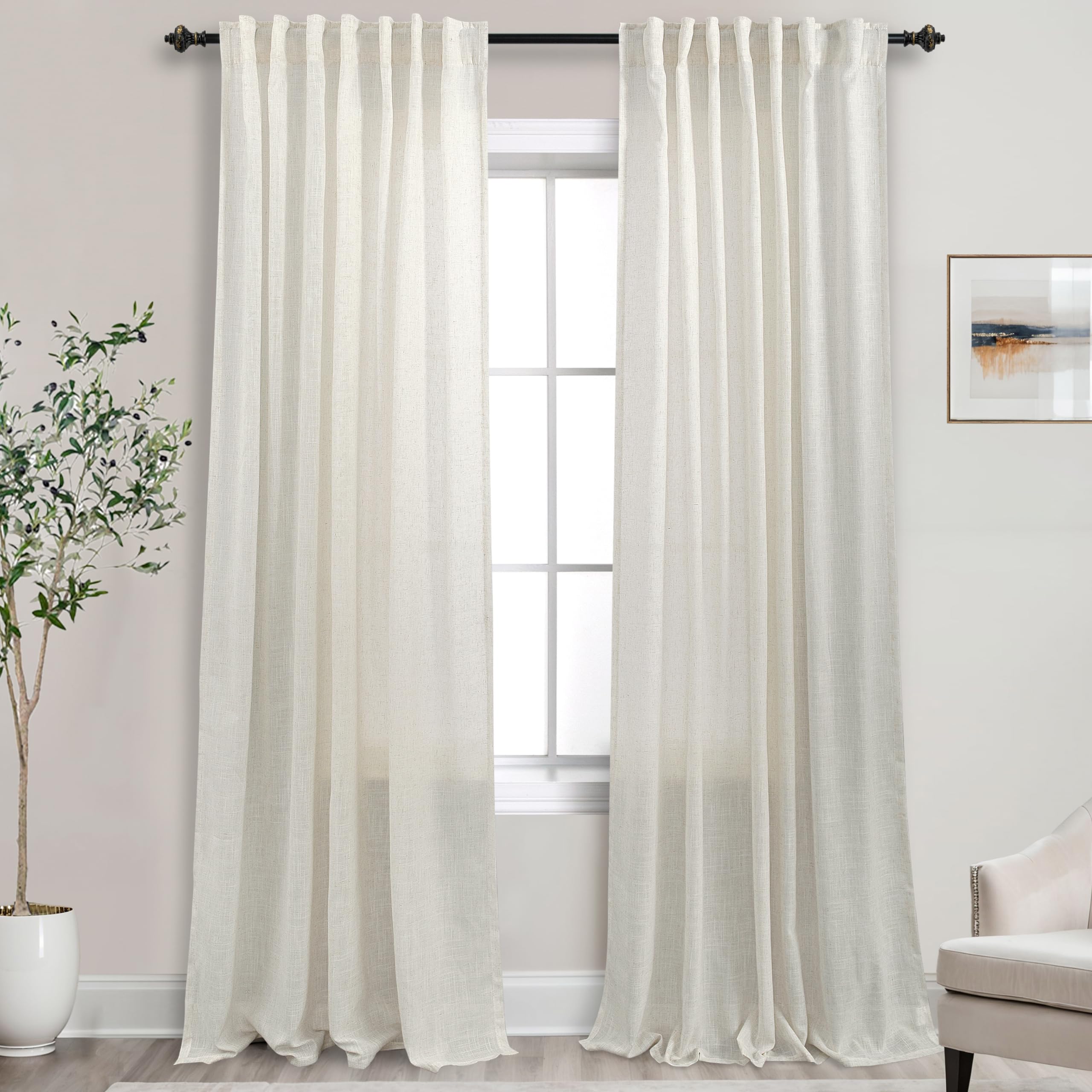 Mrs.Naturall Curtains 132 Inches Long For Living Room 2 Panels Set,Extra Long Back Tab Light Filtering Cream Semi Sheer Linen Cu