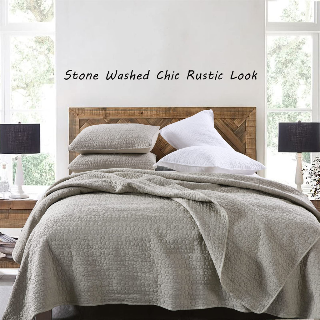 Horimote Home Quilt Set Twin Size Beige, Classic Geometric Spots Stitched Pattern, Stone-Washed Microfiber Chic Rustic Look, Ult