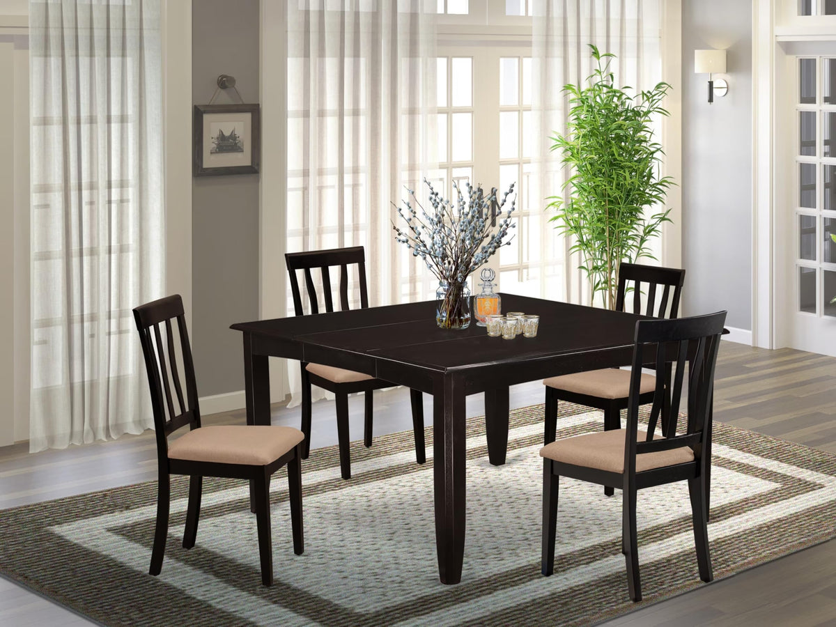 East West Furniture PFAN5-CAP-C 5 Piece Dining Room Table Set Includes a Square Kitchen Table with Butterfly Leaf and 4 Linen Fabric Upholstered Dining Chairs, 54x54 Inch, Cappuccino