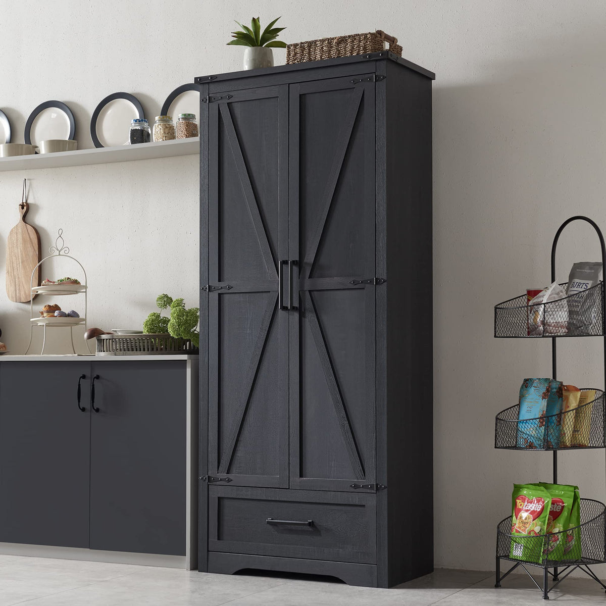 Farmhouse Kitchen Pantry Cabinet - 72' Tall Large Wood Kitchen Storage Cabinets With Adjustable Shelves & 2 Barn Doors & Drawer, Versatile Storage For Dining Room, Bathroom, Living Room, Antique Black