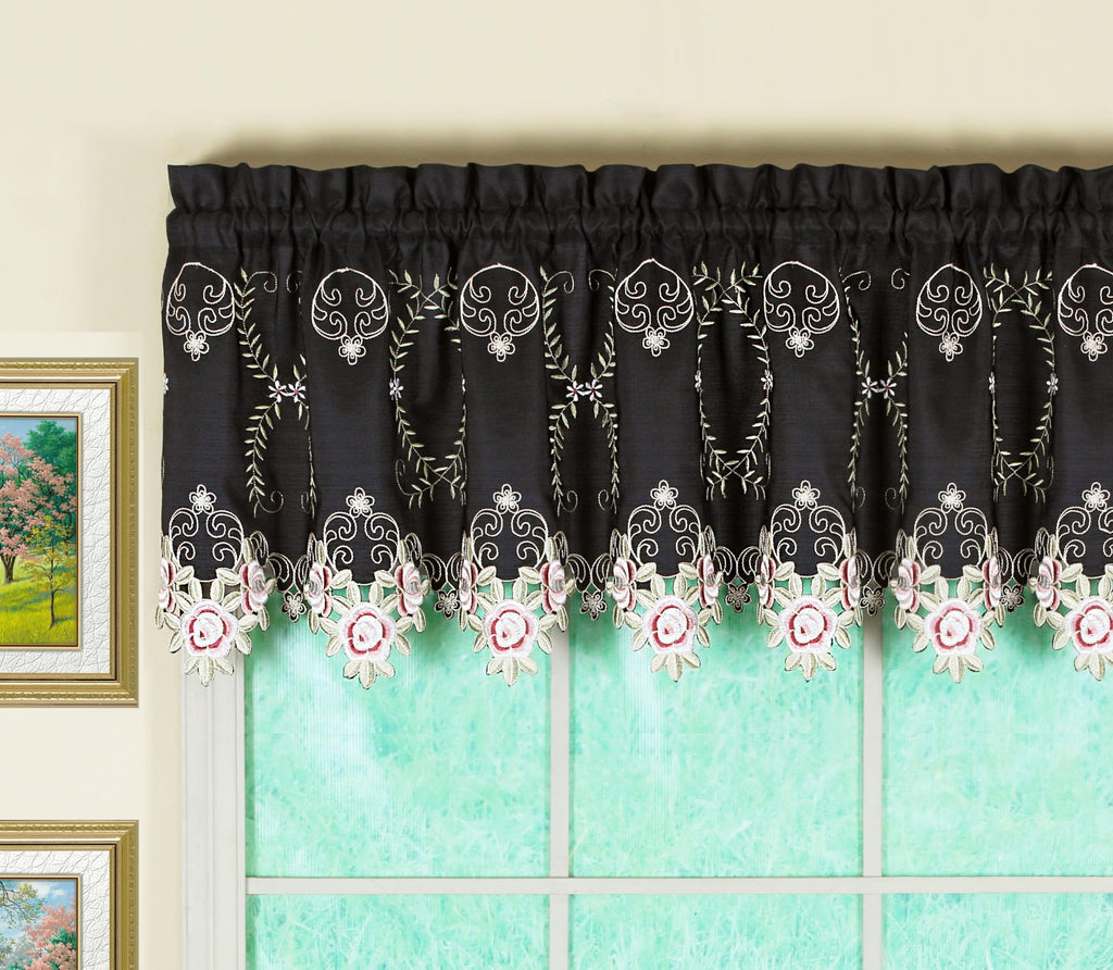 Today'S Curtain Verona Reverse Embroidery Tailored Valance, 18', Black/Rose, 70' W X 18' L