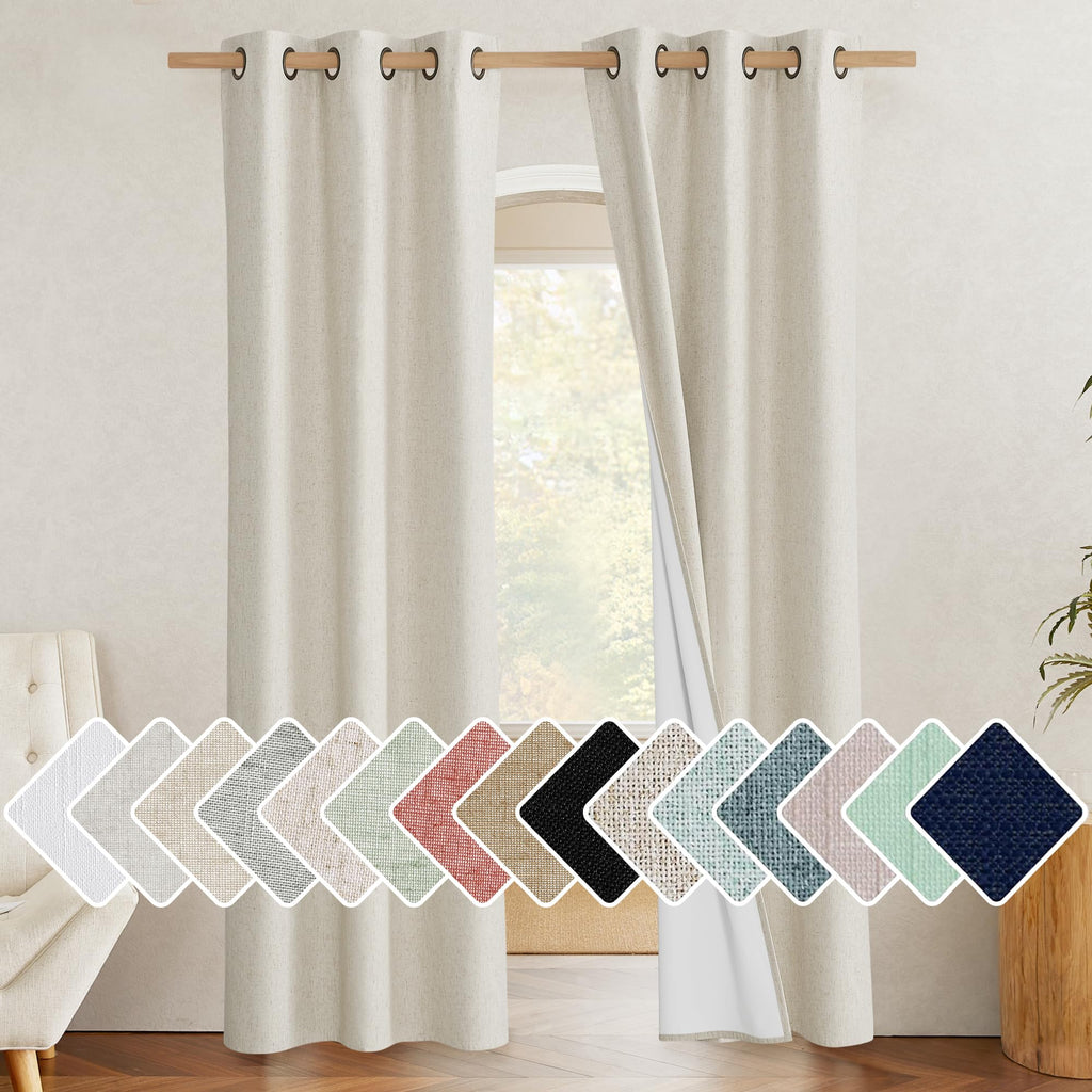 Nicetown Farmhouse Style 100% Blackout Natural Linen Curtains 90 Inches Length, 2 Panels, 42' W, Room Cooling Window Draperies With Thermal Insulated Liners For Dining Room