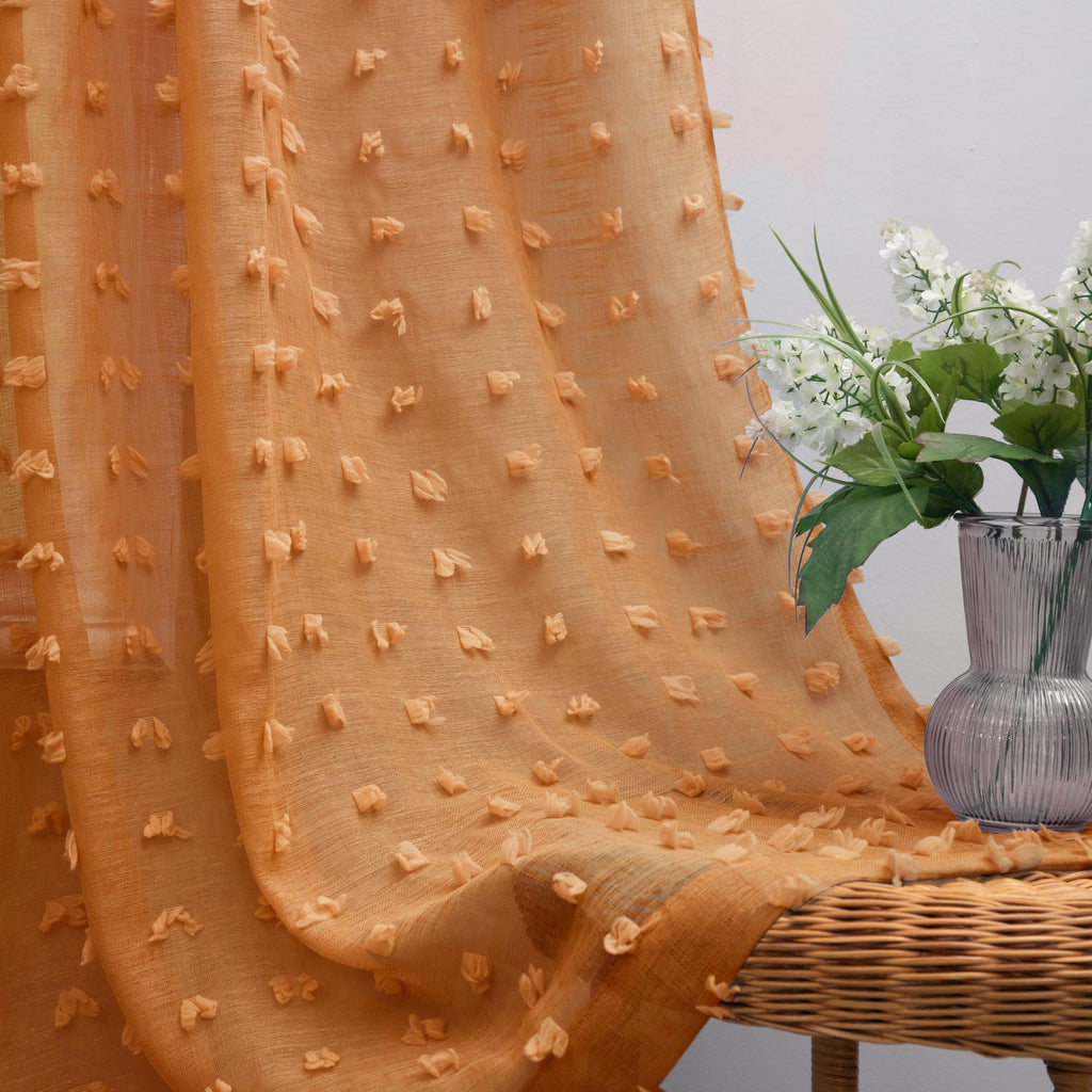 Koufall Burnt Orange Curtains 84 Inch Length For Living Room,Bohemian Autumn Boho Fall Decor Back Tab Pom Pom Textured Sheer Curtains For Dining Room Bedroom 52X84 Inches Long Set 2 Panels