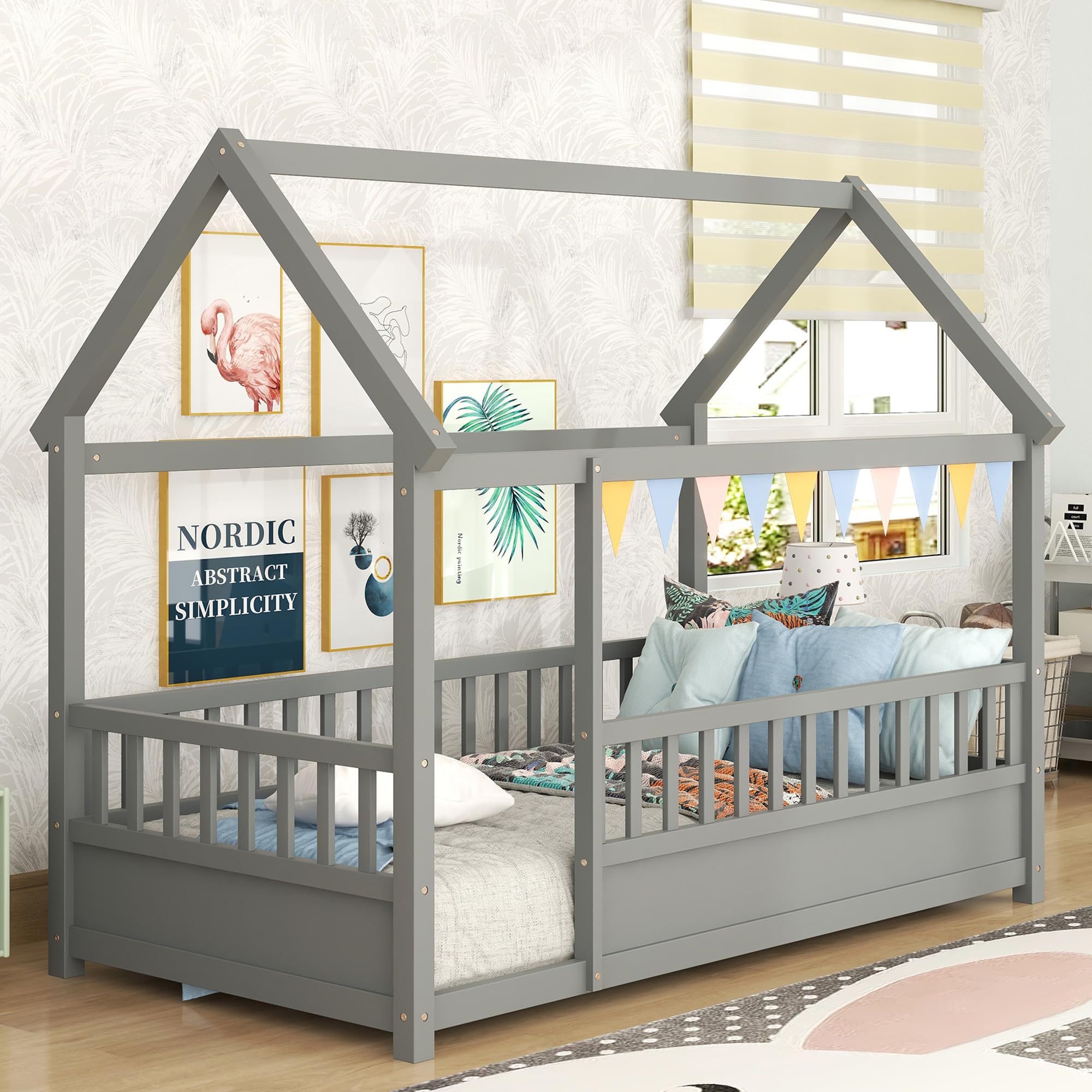 Kids Montessori Bed Twin Size, Twin Floor Bed with High Fence, House Bed for Kids, Girls, Boys, Wood Montessori Floor Bed Withou