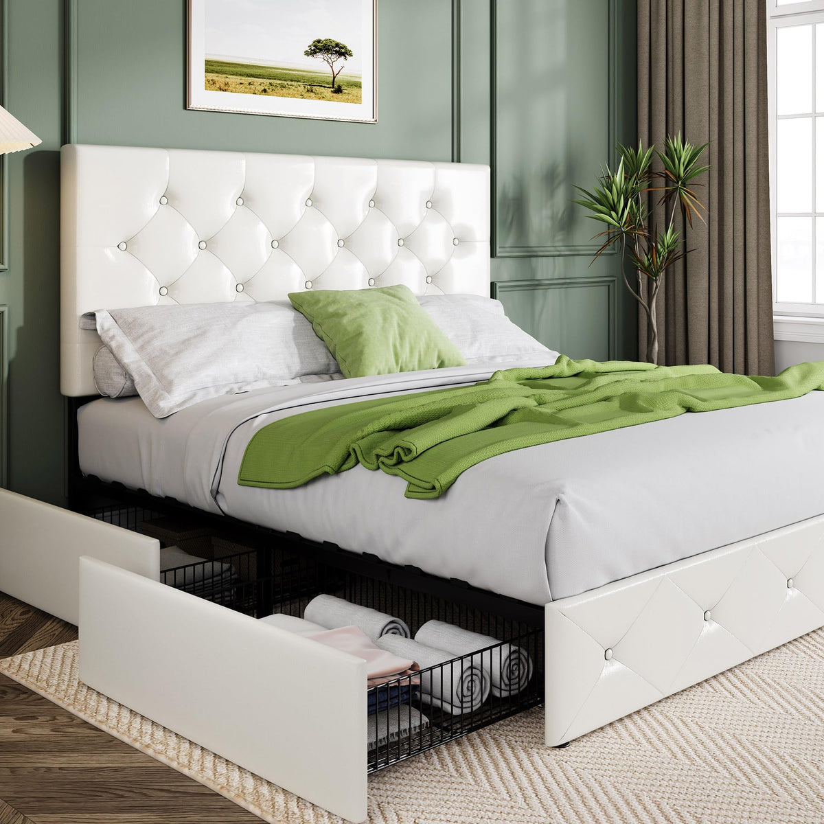 Allewie Upholstered Queen Size Platform Bed Frame With 4 Storage Drawers And Headboard, Diamond Stitched Button Tufted, Mattress Foundation With Wooden Slats Support, No Box Spring Needed, White