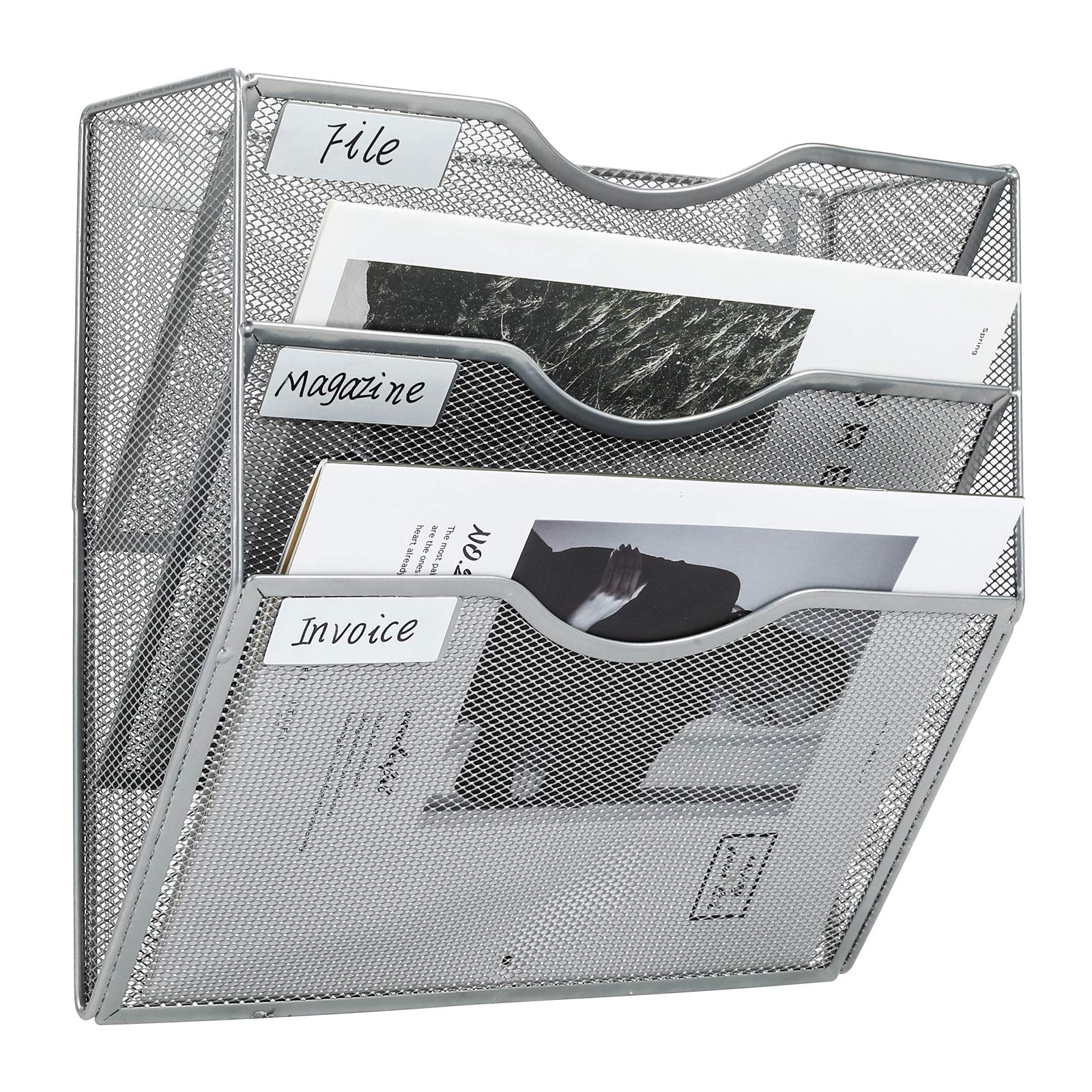 Pag Hanging Wall File Holder Mail Organizer Wall Mount Document Letter Rack, 3-Tier, Silver