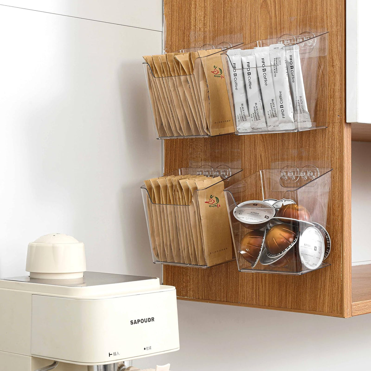 Clear Acrylic Pen Holder, 4 Pack Cabinet Door Organizer Adhesive, Bathroom Wall Mount Caddy Kitchen Plastic Storage Bin Box for 
