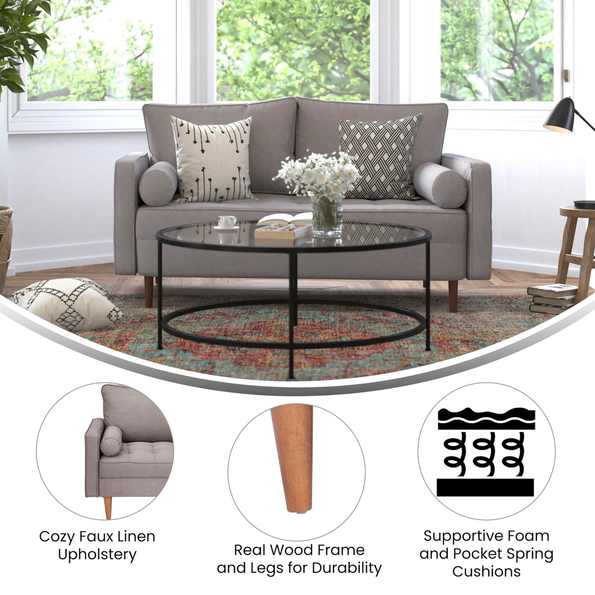 Flash Furniture Hudson Mid-Century Modern Loveseat - Slate Gray Faux Linen Upholstery - Buttonless Tufting - Wood Legs