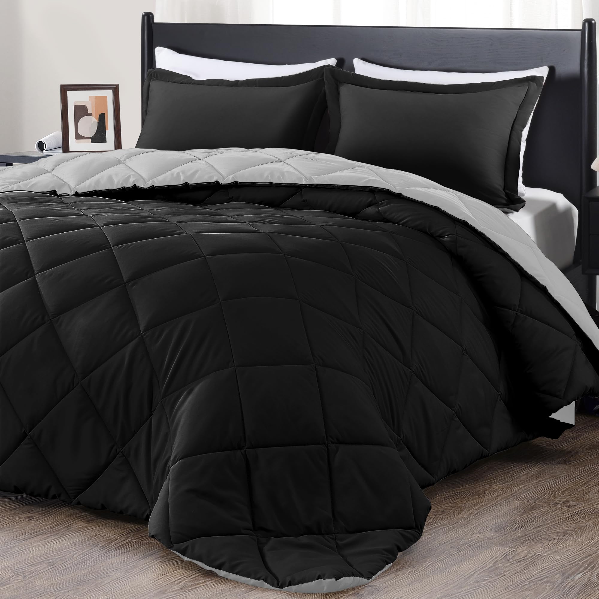 Downluxe California King Comforter Set - Black And Grey Cal King Comforter Set, Soft Bedding Sets For All Seasons - 3 Pieces - 1 Comforter (104'X96') And 2 Pillow Shams(20'X36')